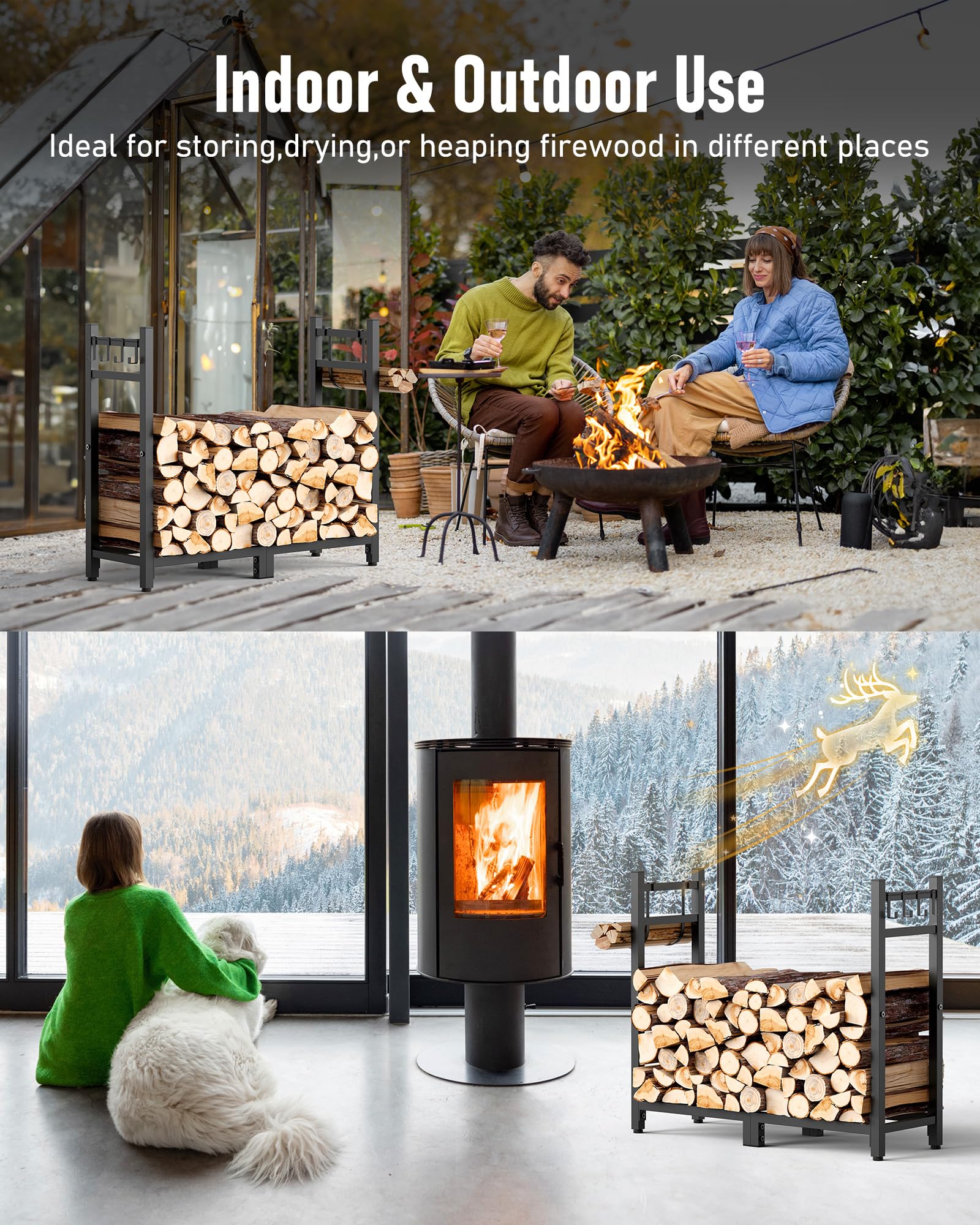 Brightown rack with stacked logs for scale and generous storage benefit
