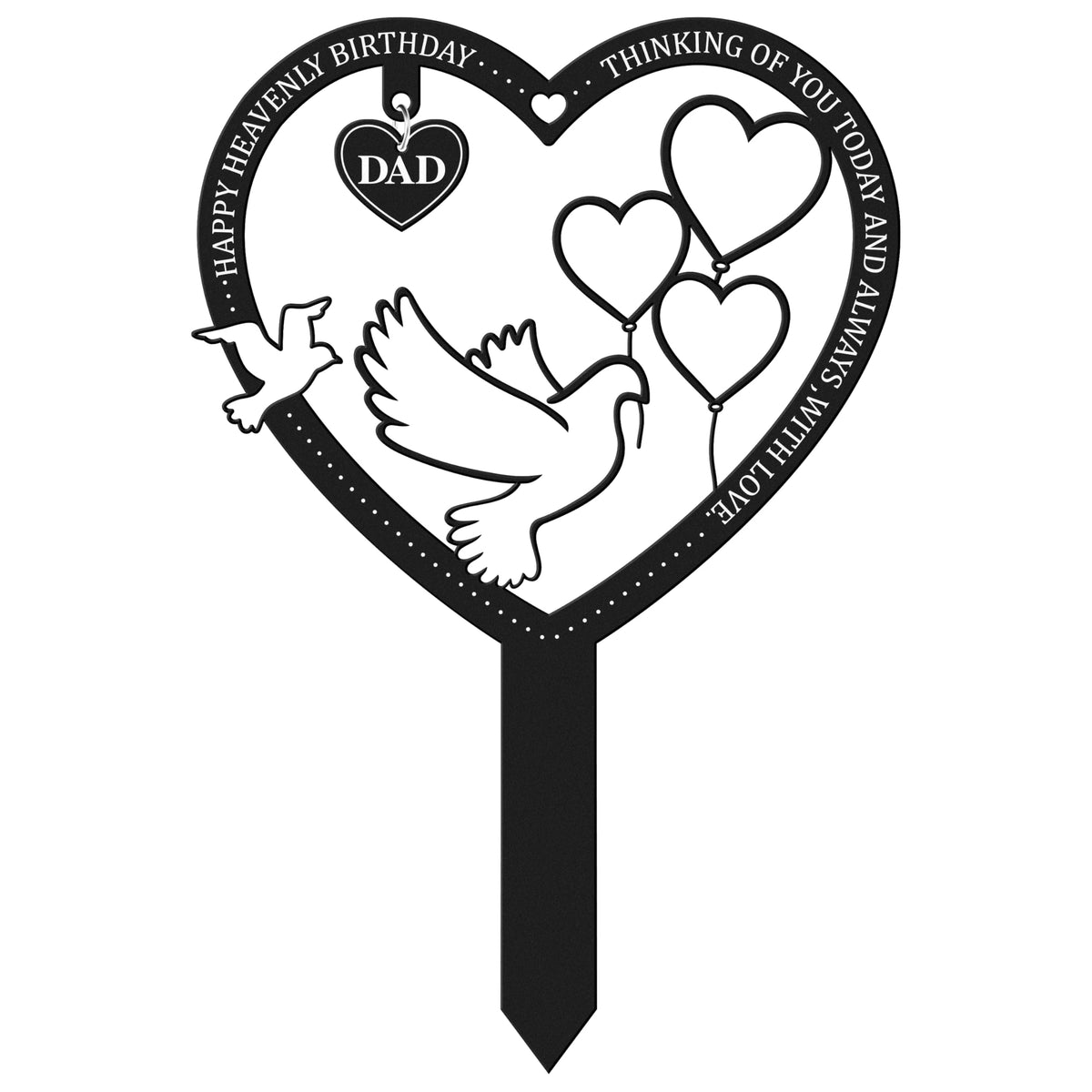 BUoonyer front view heart marker showing wording and dove motif, long-lasting memorial