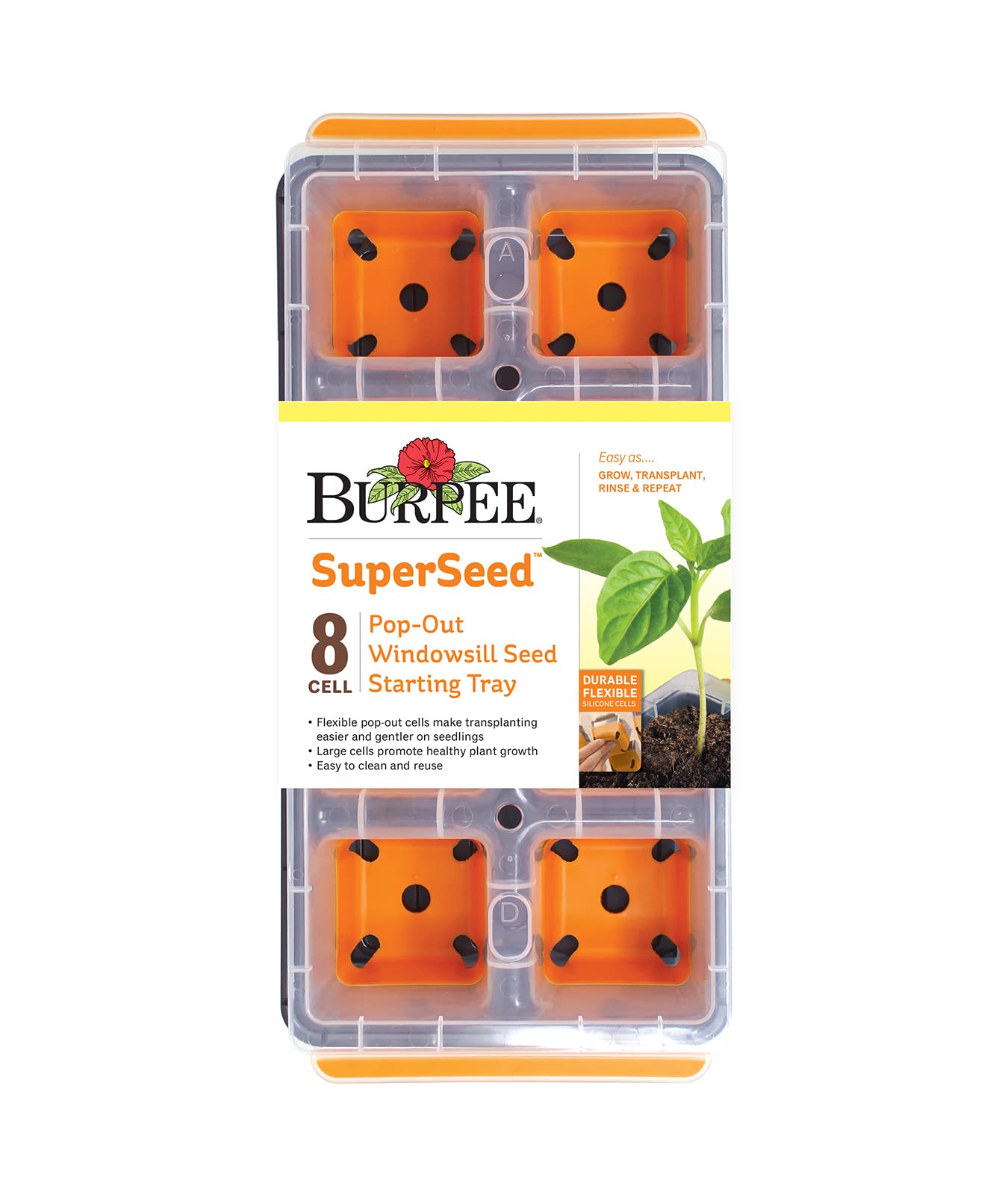 Burpee front view of tray showing 8 extra-large cells and compact form, easy placement.