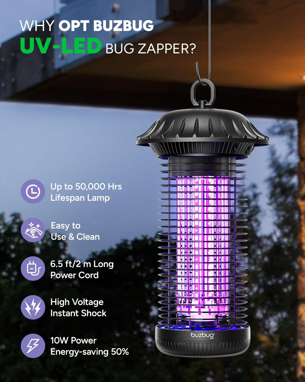 Buzbug close-up of dual-band LED tubes highlighting long life and energy savings