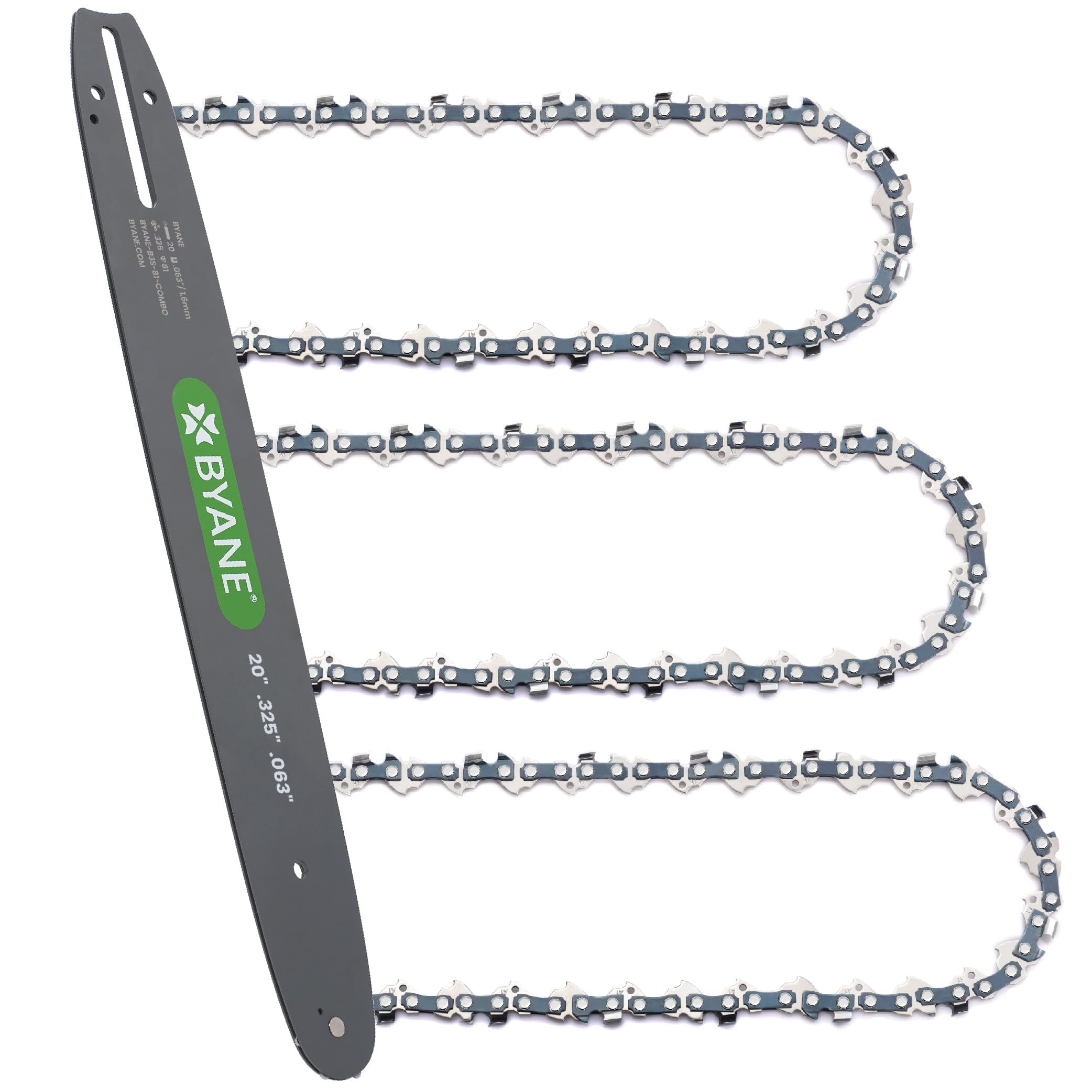 Byane front packaging showing 20-inch bar and three chains benefits durability