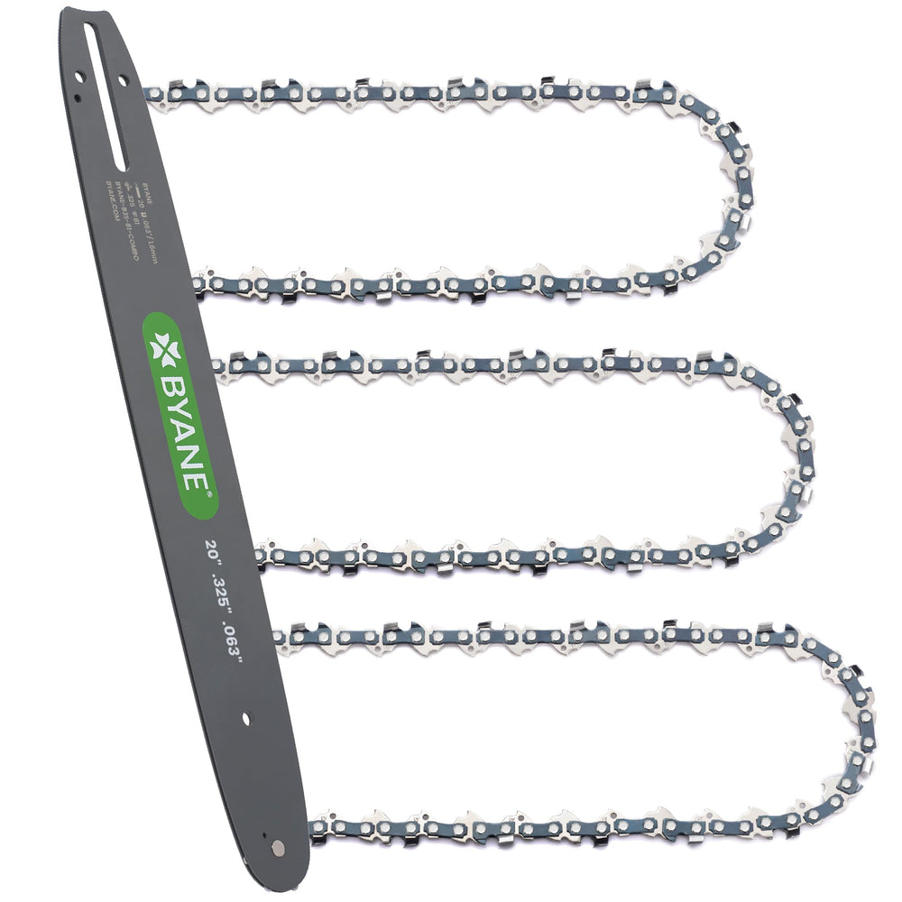 Byane front packaging showing 20-inch bar and three chains benefits durability