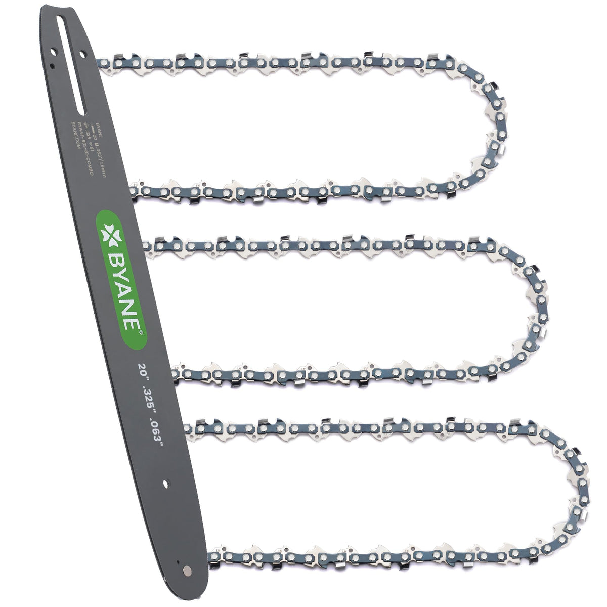 Byane front packaging showing 20-inch bar and three chains benefits durability