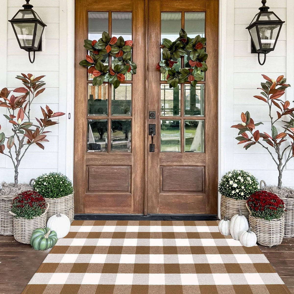 CAINANEL front view buffalo check rug showing farmhouse welcome and curb appeal
