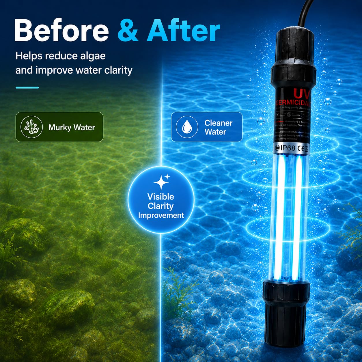 Calelin operating at night demonstrating continuous UV action for clearer water