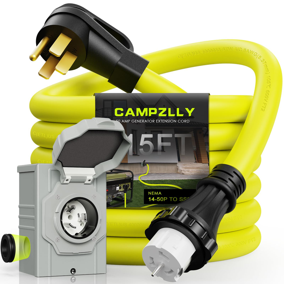 Campzlly front view of 50A generator cord and pre-drilled inlet box showing durable kit
