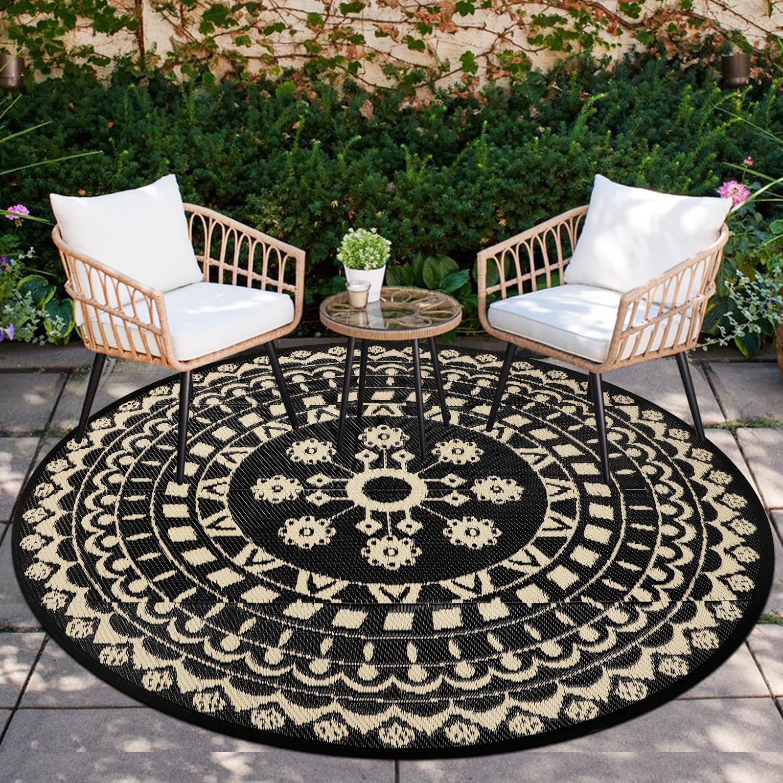 Capslpad front view of 6ft round beige rug shows durable outdoor style benefit