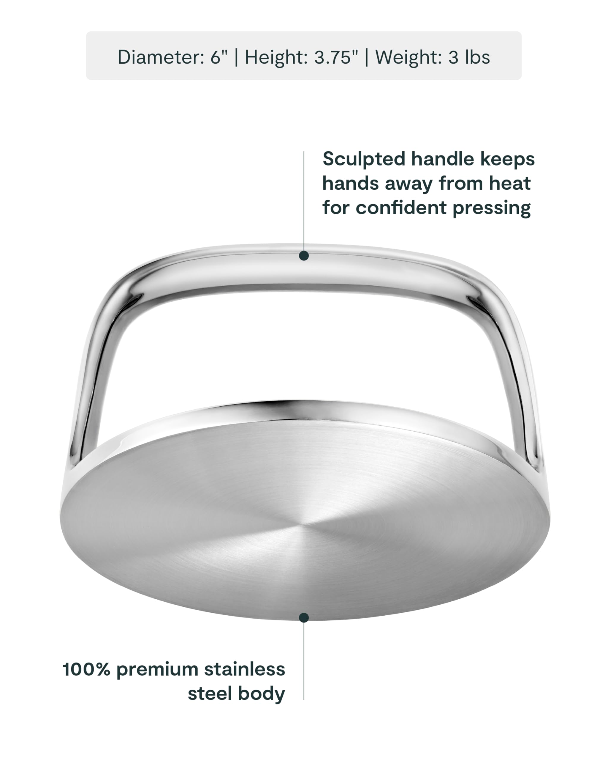 Caraway grill press handle close-up highlighting ergonomic grip and safety from heat