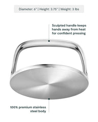 Caraway grill press handle close-up highlighting ergonomic grip and safety from heat