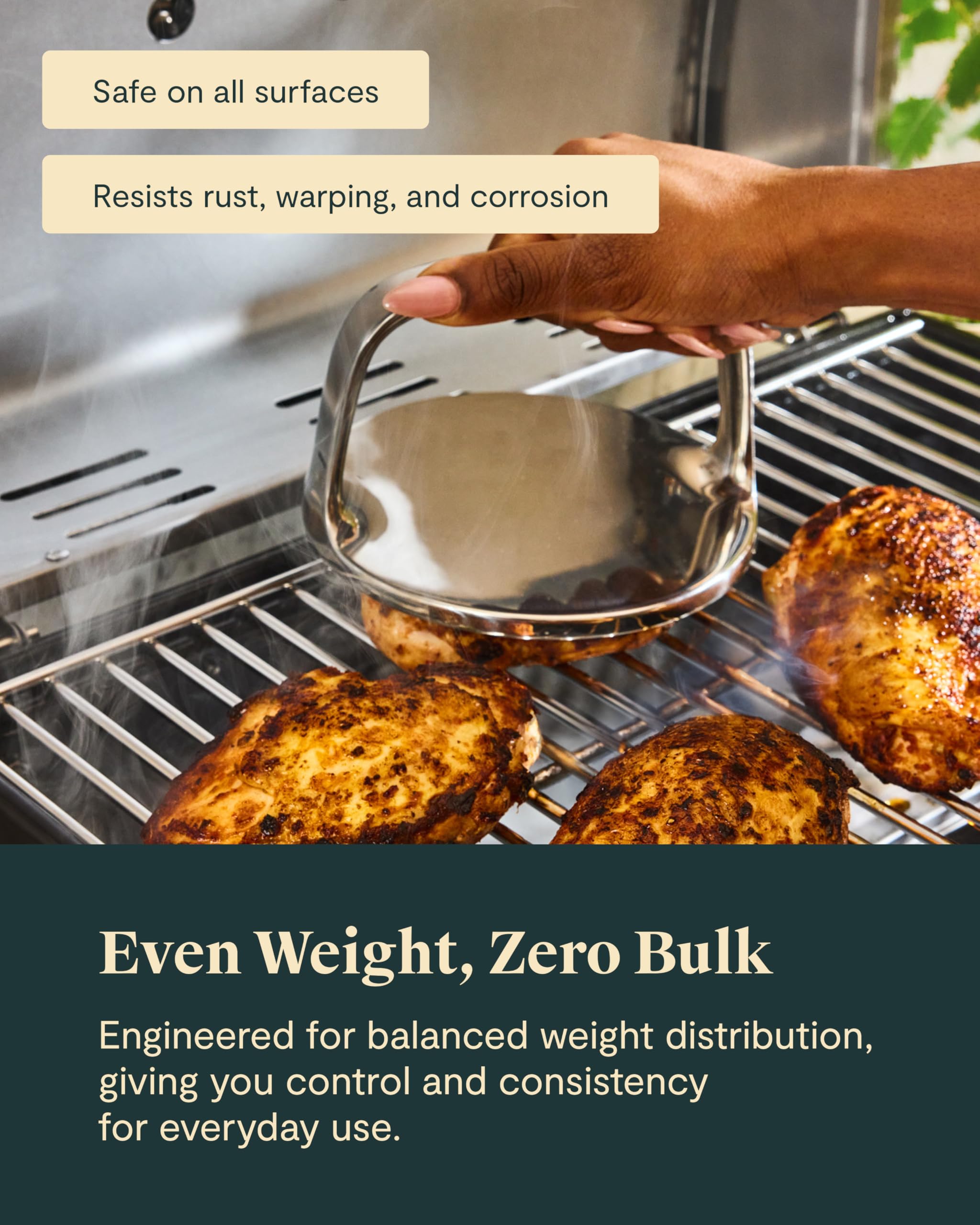 Caraway grill press on cast iron pan demonstrating faster, consistent searing