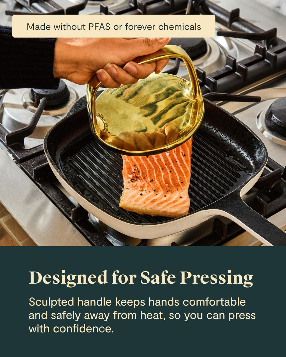 Caraway grill press beside hand for scale showing compact size and durable build