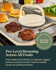Caraway grill press side profile emphasizing balanced weight for uniform browning
