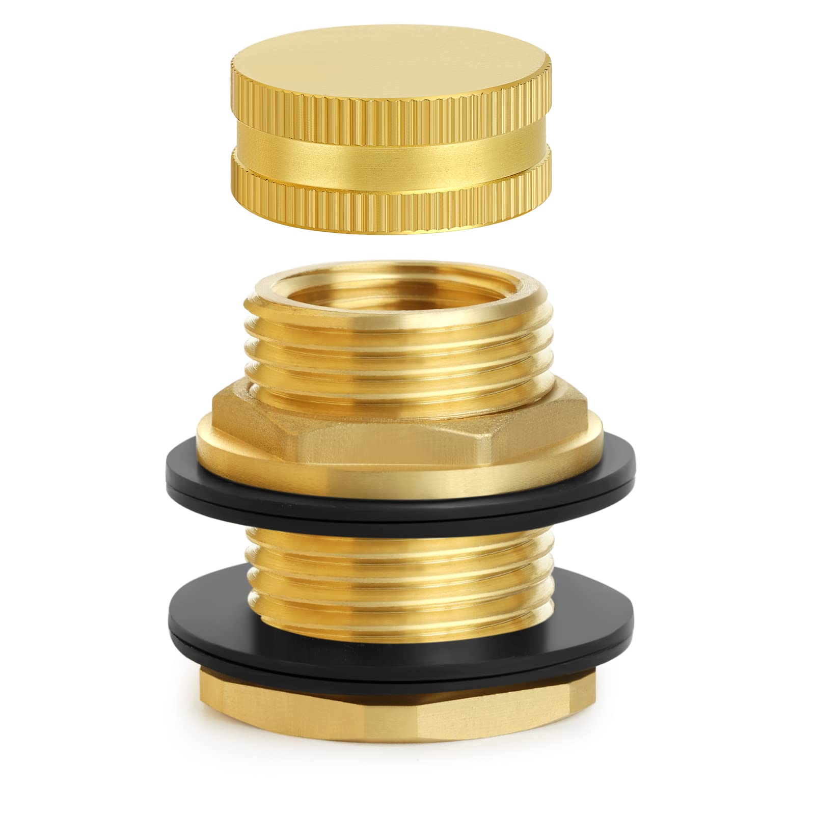 Ceaeso front view of brass bulkhead fitting showing threads and plug, durable connection