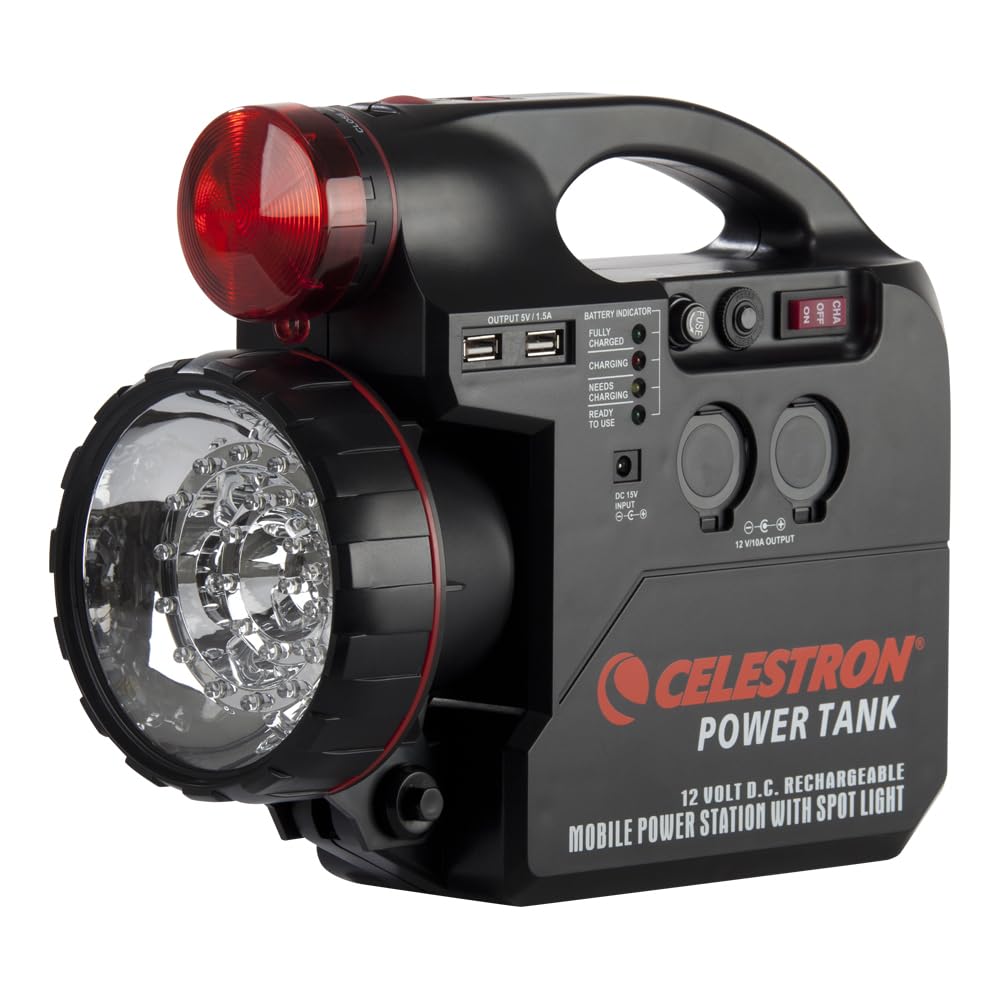 Celestron front panel showing ports and indicators for reliable telescope power