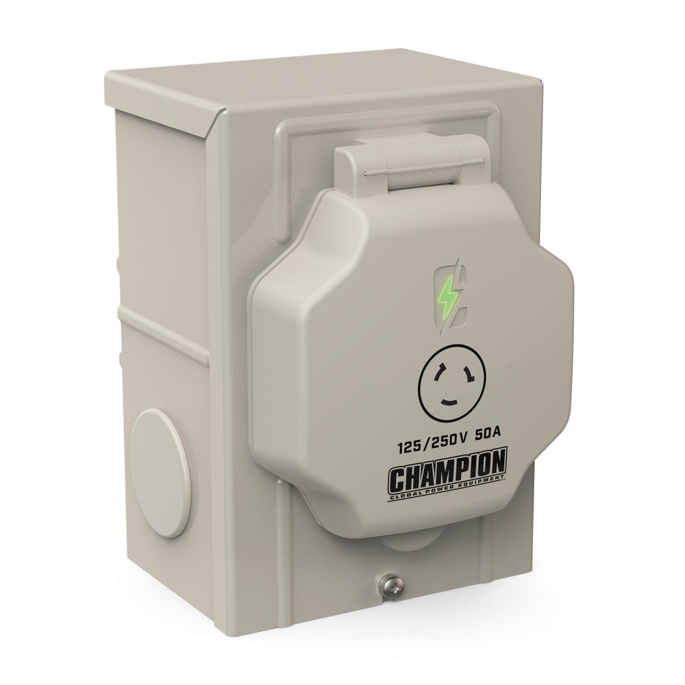 Champion inlet box front view showing weatherproof enclosure and secure access