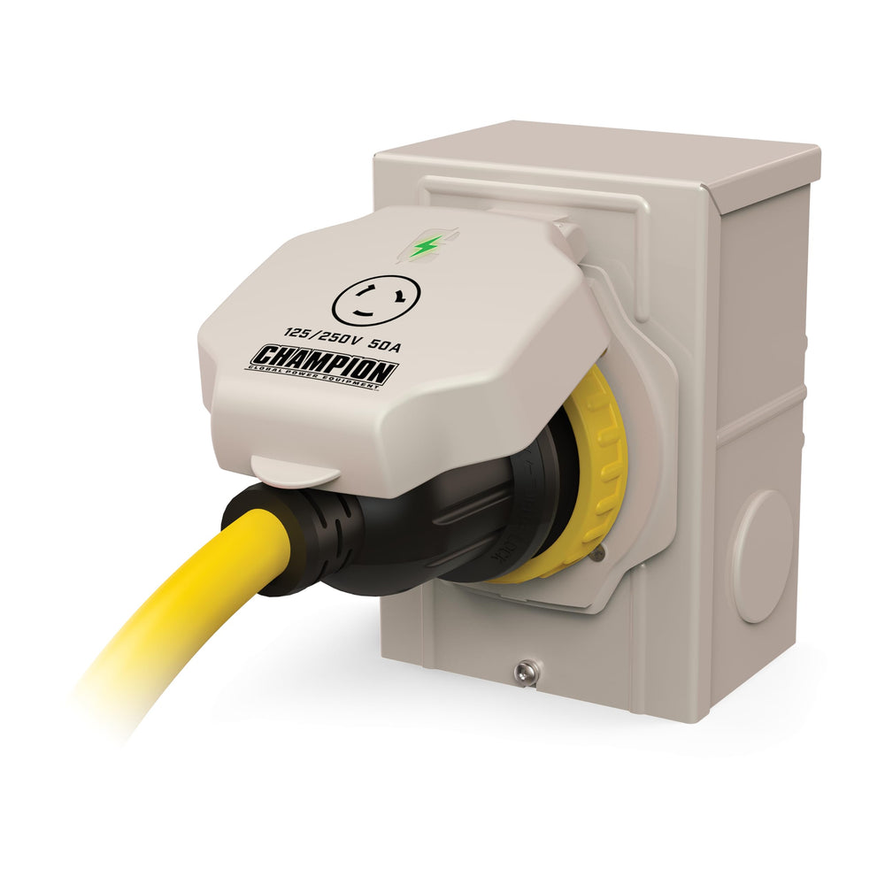 Champion inlet box size and scale beside a hand illustrating compact footprint