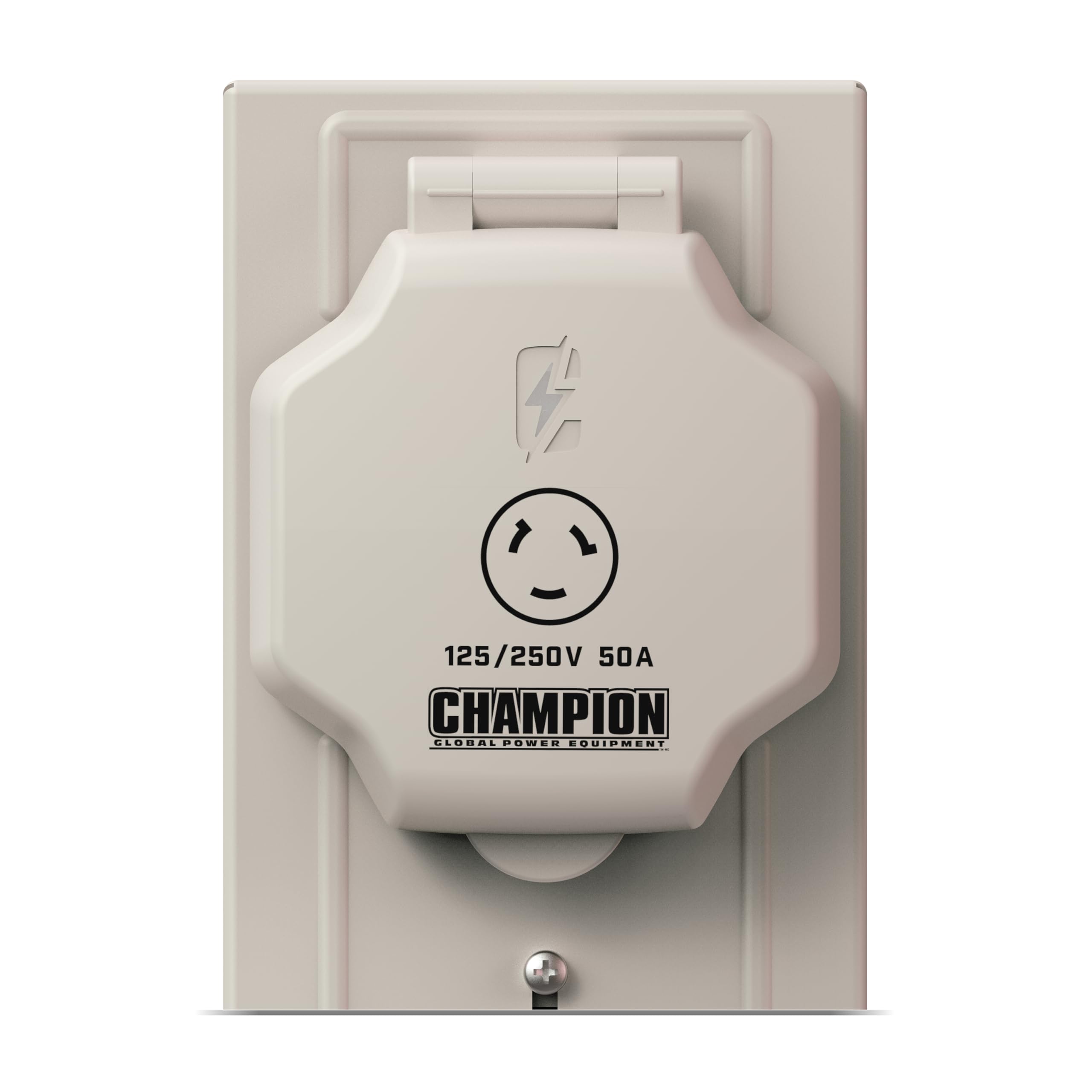 Champion inlet box with Champion 50A cord connected for seamless generator use