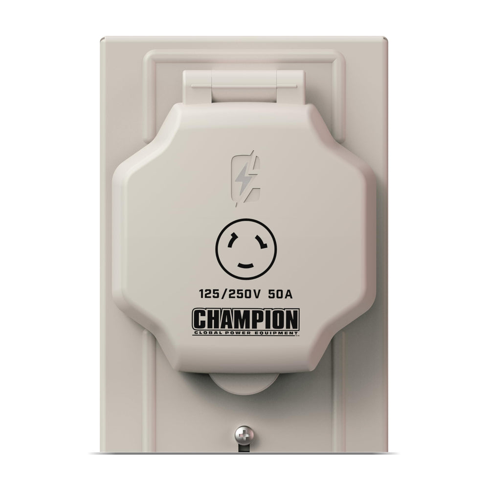 Champion inlet box with Champion 50A cord connected for seamless generator use