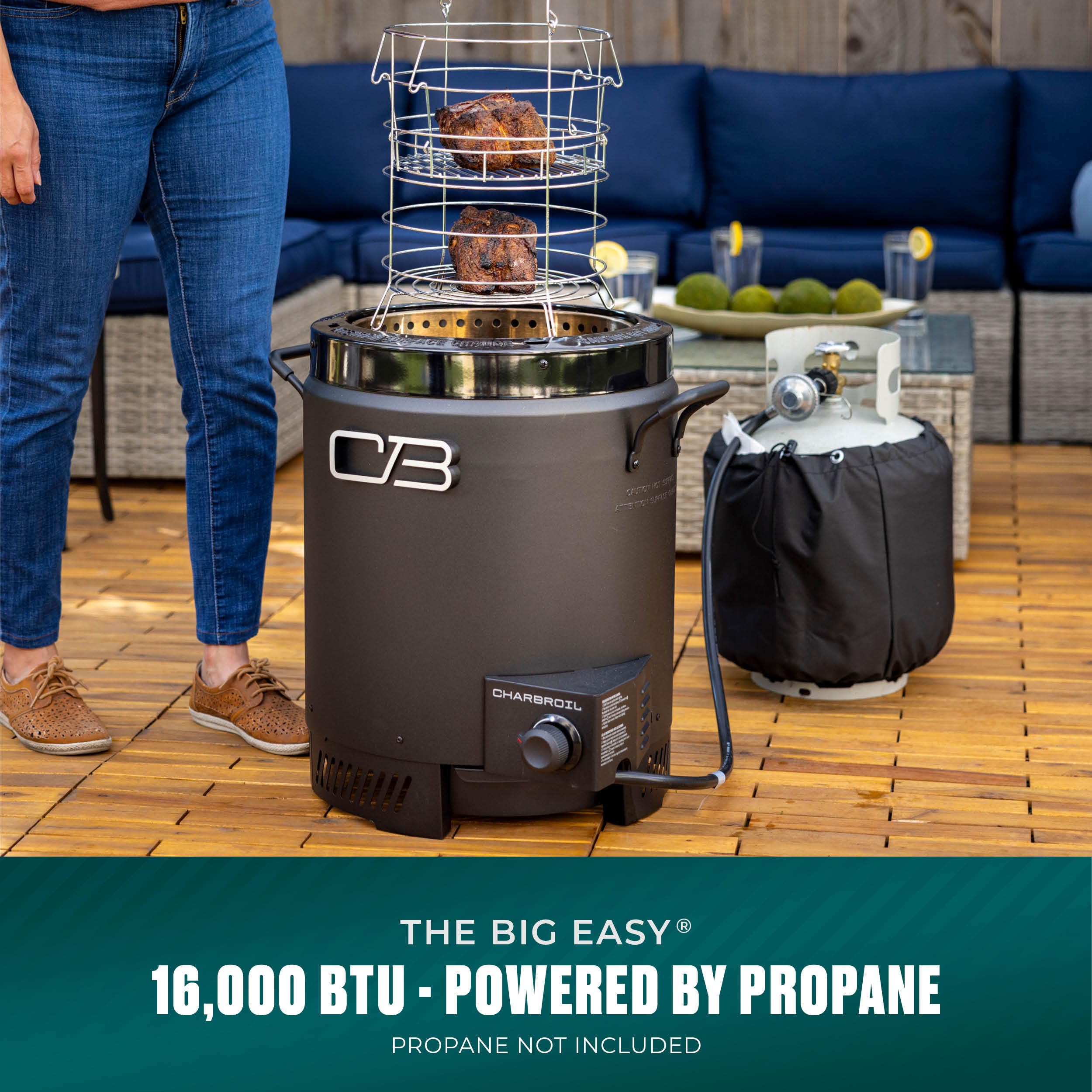 Charbroil big easy in use at tailgate showing outdoor cooking convenience