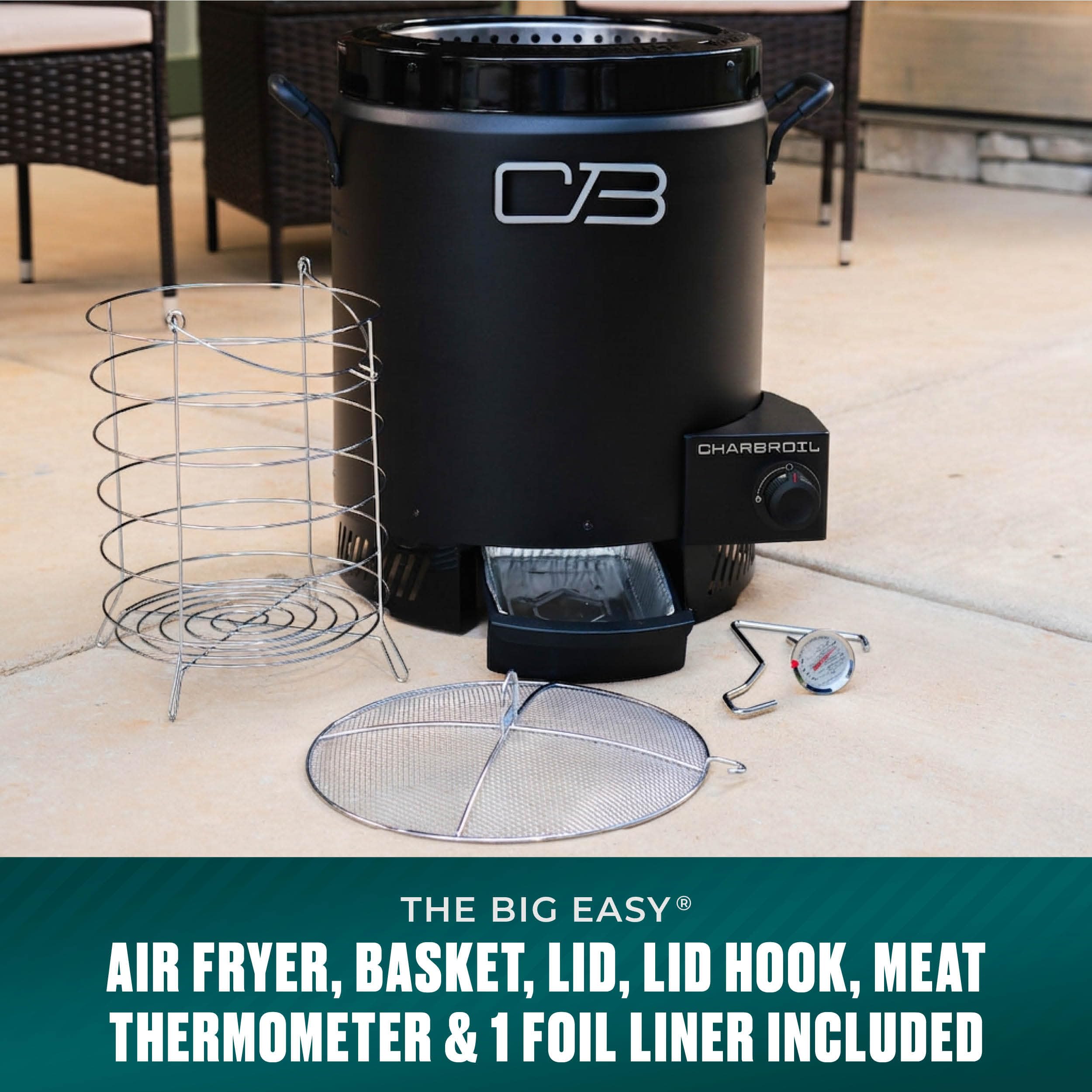 Charbroil big easy lid and vent showing heat control and safety