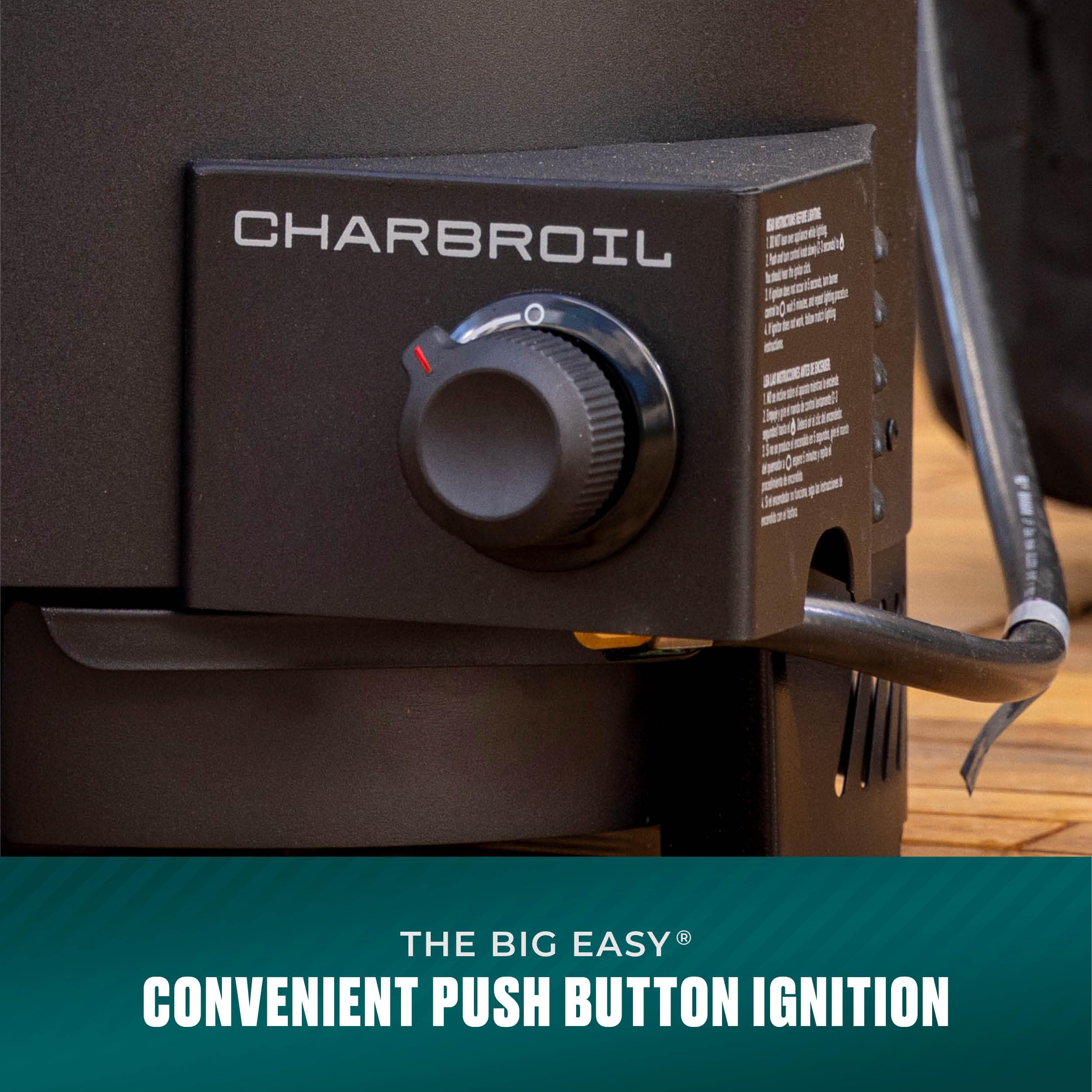 Charbroil big easy side handle highlighting portability and easy lifting