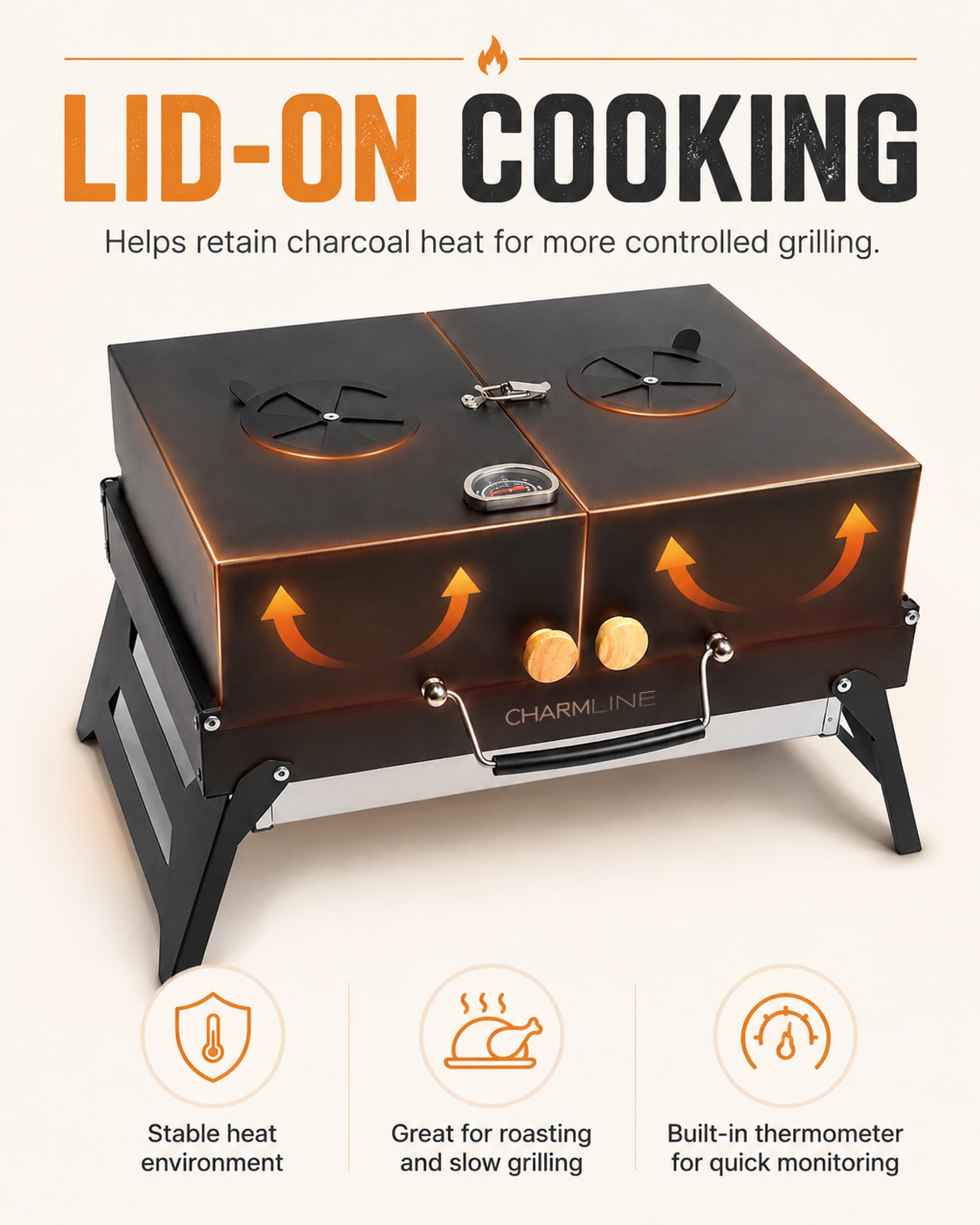 Charmline lifted grate revealing charcoal chamber for quick refueling benefit