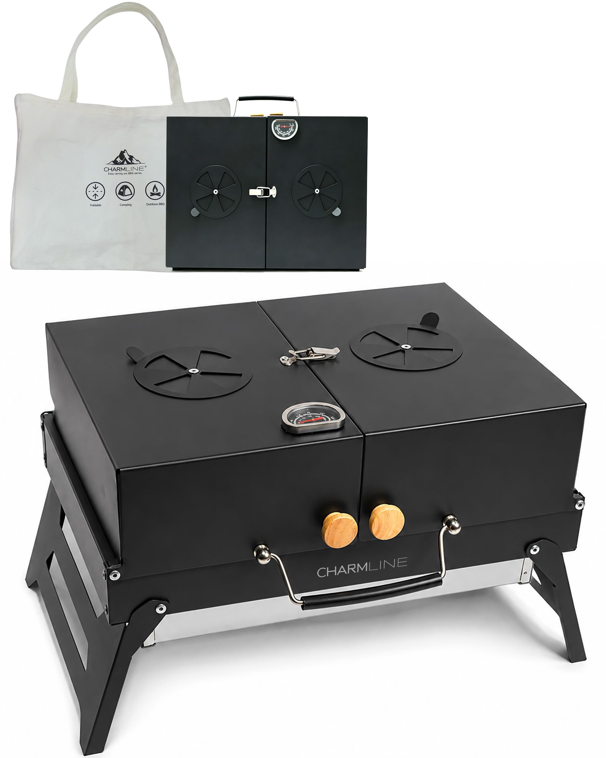 Charmline front view of compact grill showing stable design and portable benefits