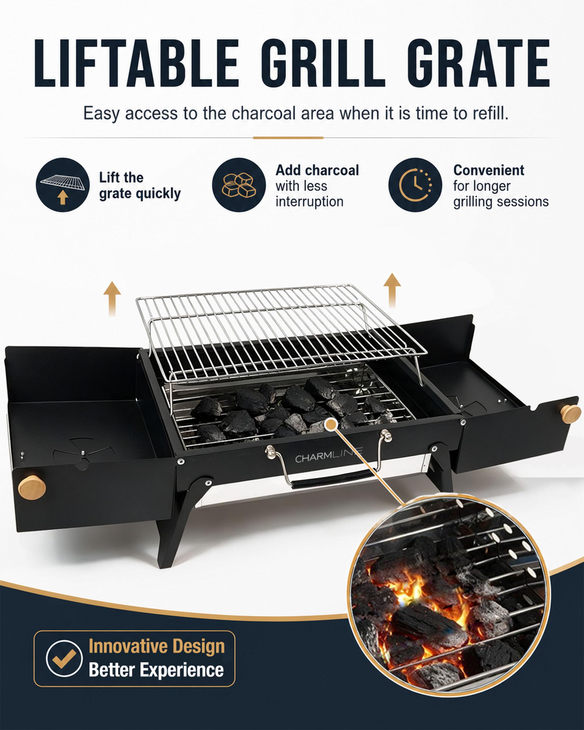 Charmline grill in use at picnic demonstrating portability and social cooking