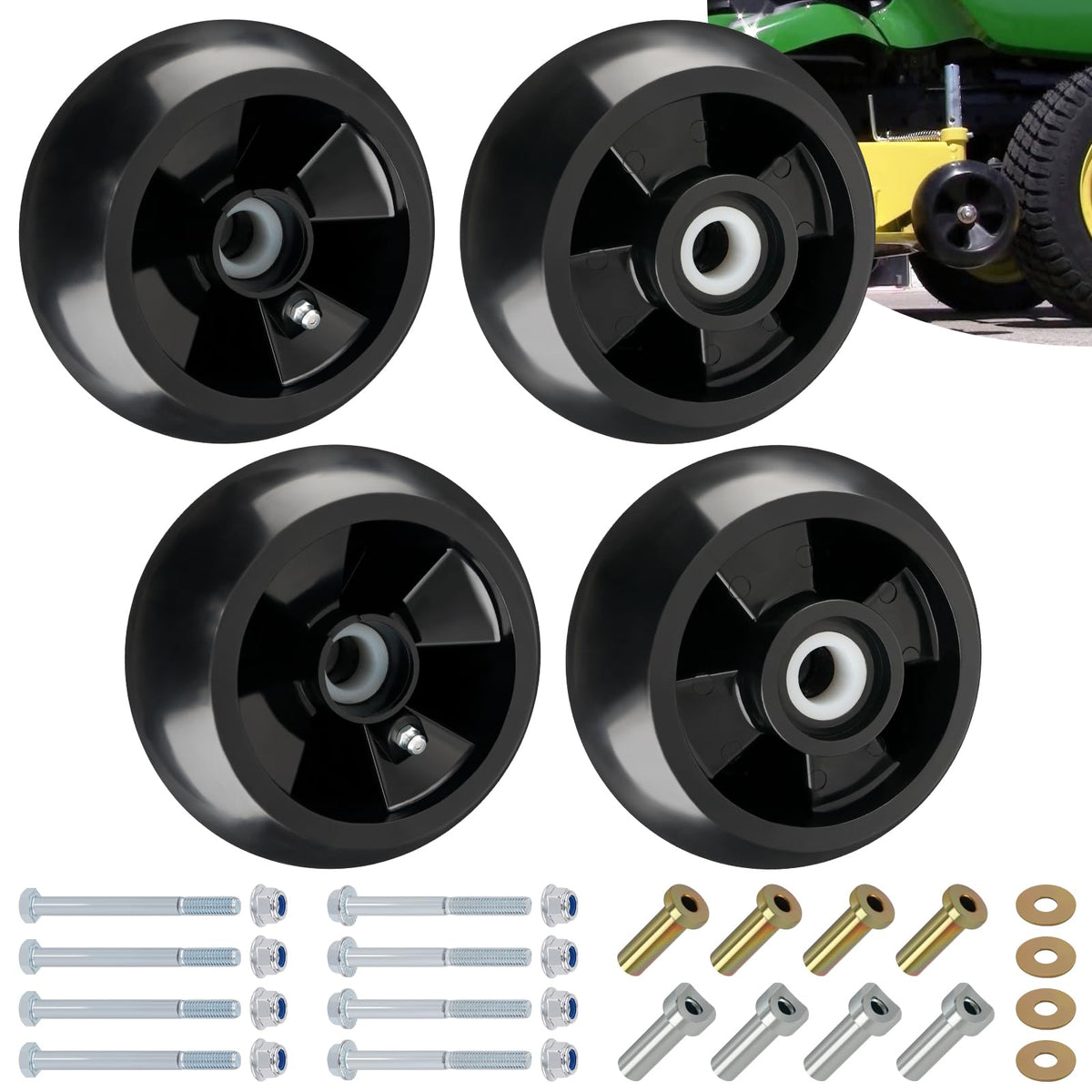 CheeMuii front view of four deck wheels kit showing complete hardware and fit