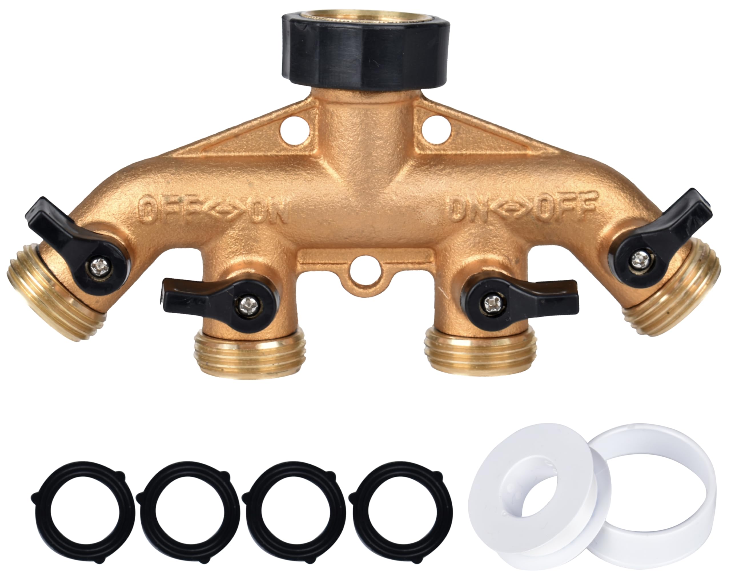 Cheerwater brass 4-way front view showing four outlets and shutoff levers for organized watering