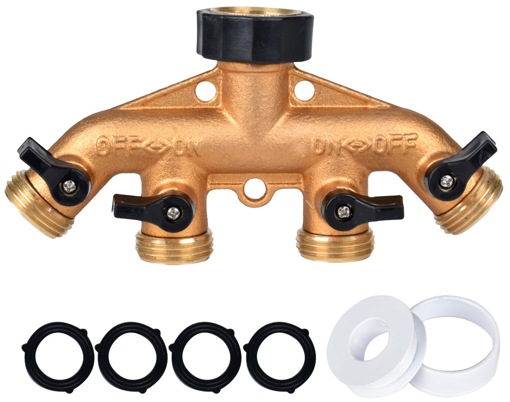 Cheerwater brass 4-way front view showing four outlets and shutoff levers for organized watering
