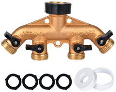 Cheerwater brass 4-way front view showing four outlets and shutoff levers for organized watering