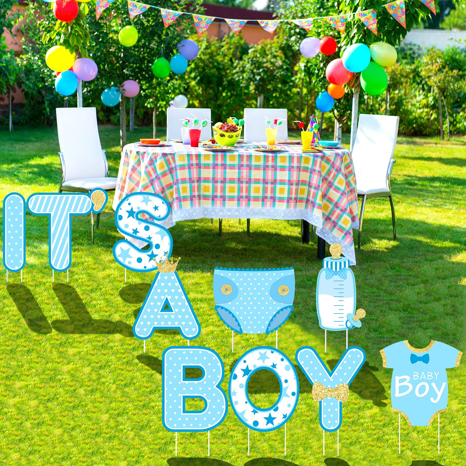 Chinco flatlay of all 10 signs and 20 stakes ready to gift or set up