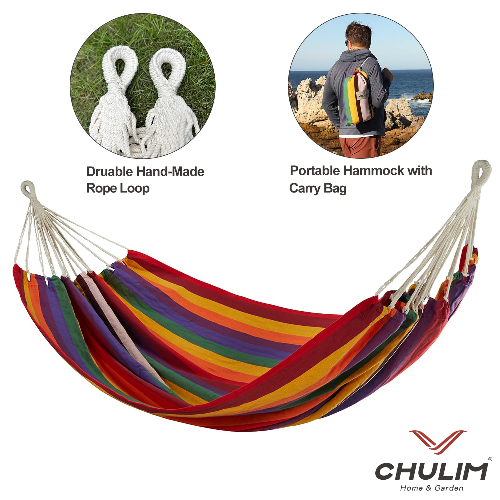 CHULIM hammock on a stand with person for scale, showing generous bed size