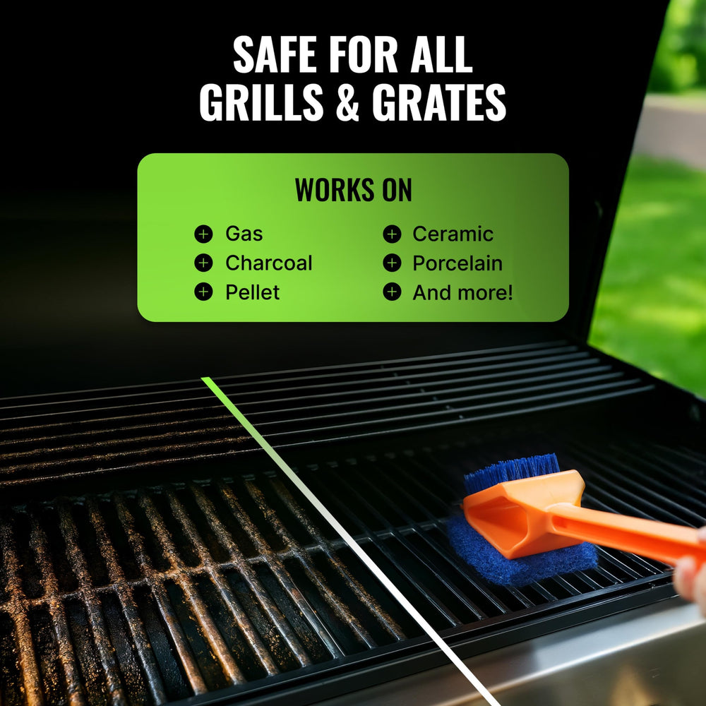 CitruSafe brush in use on grill grates demonstrating efficient cleaning