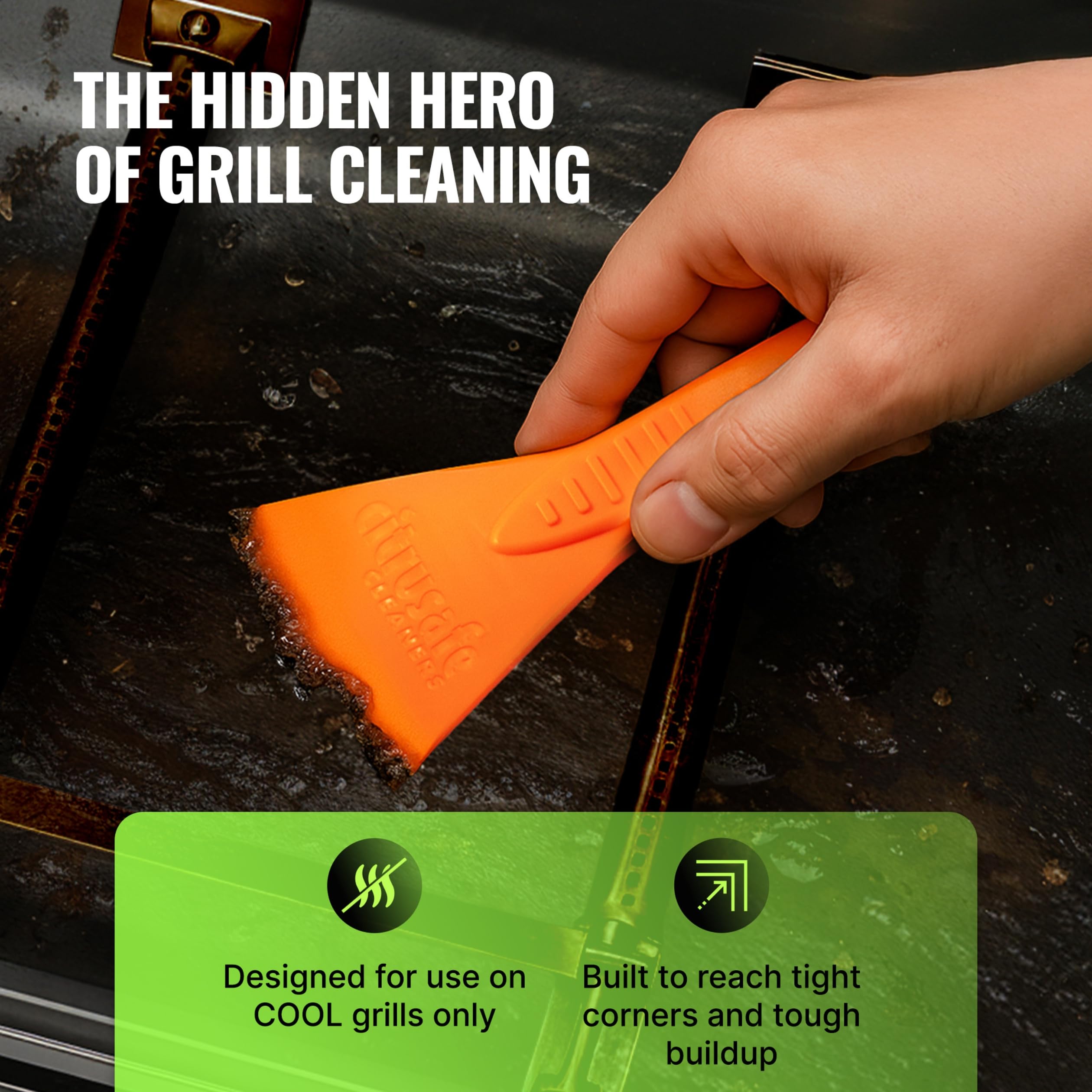 CitruSafe cookbox scraper angled to show edge breaking up residue