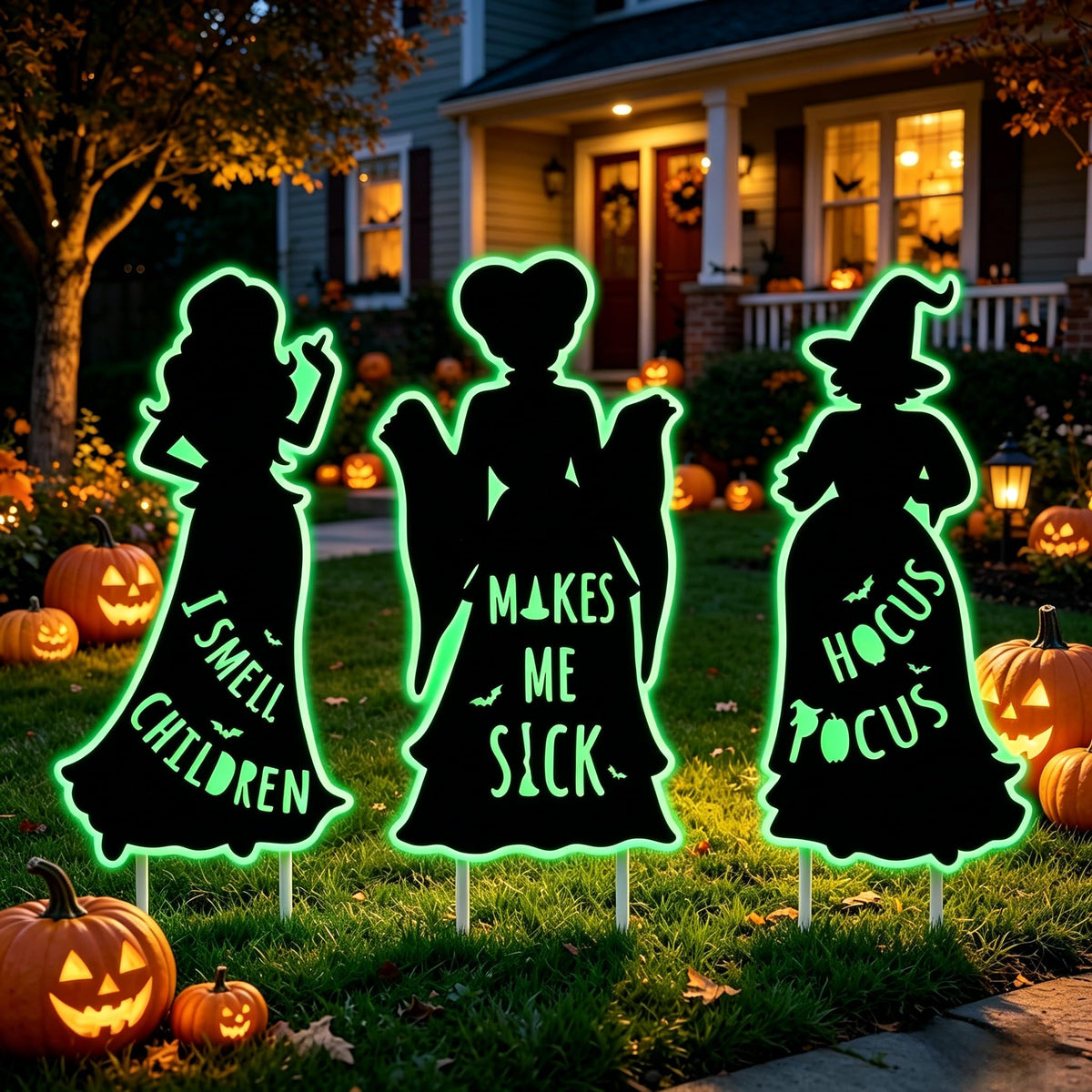 CIWEKA front view of three Hocus Pocus witch yard signs showing bold silhouettes and visibility