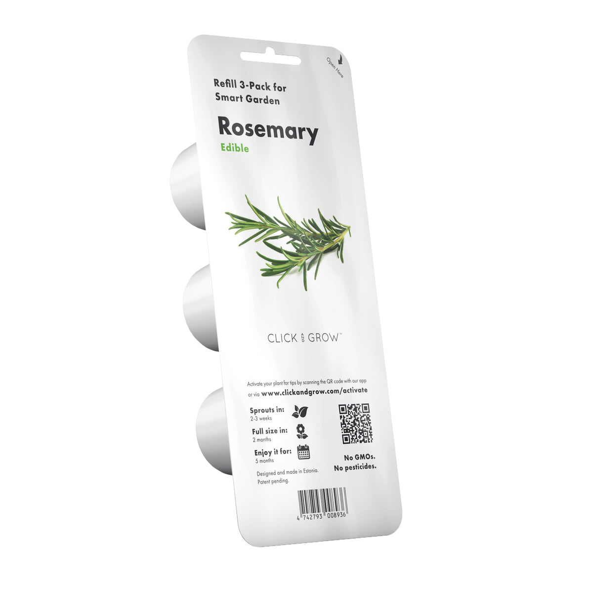 Click and Grow rosemary front packaging showing three plant pods and benefits
