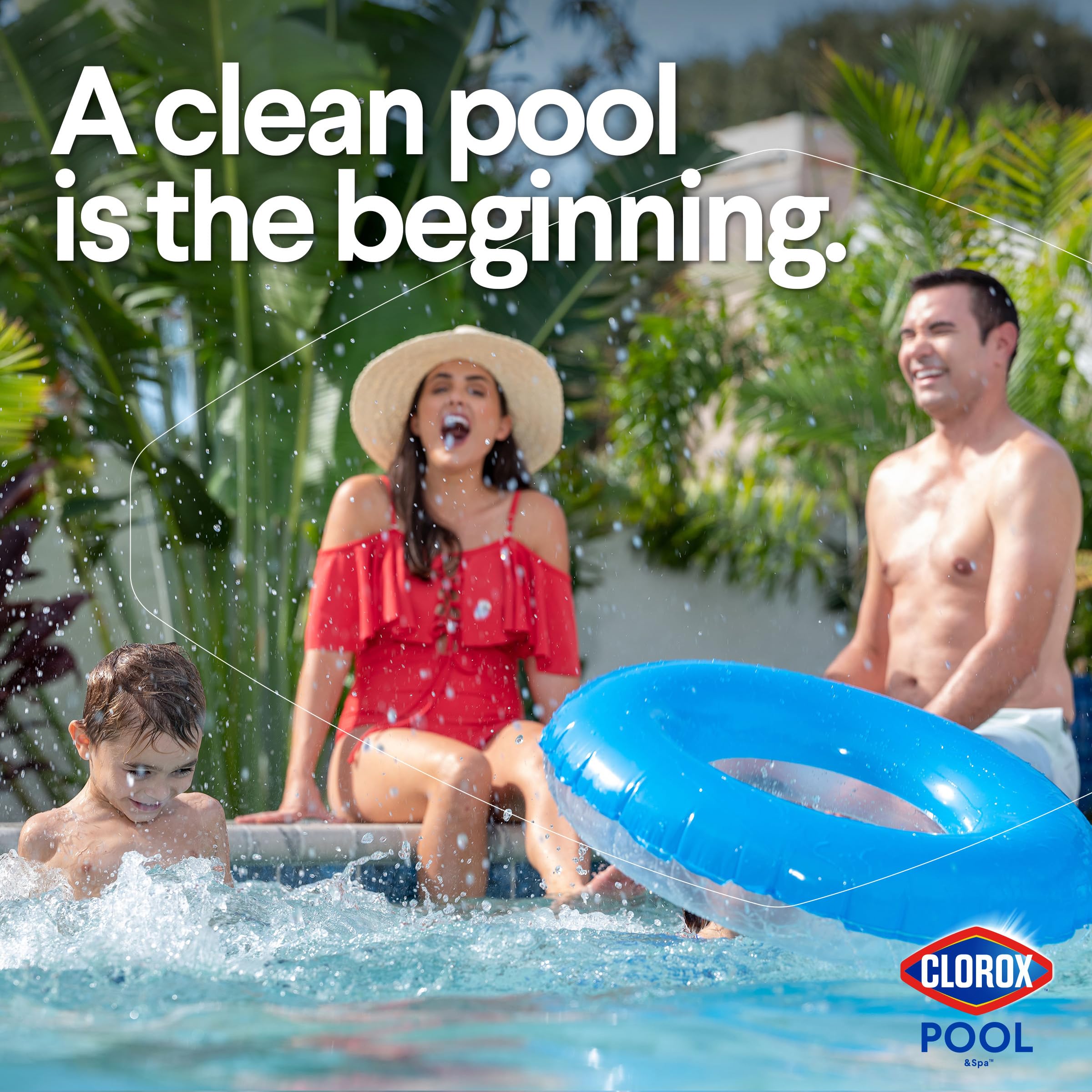 Clorox Pool&Spa bag next to pool edge illustrating protected surfaces