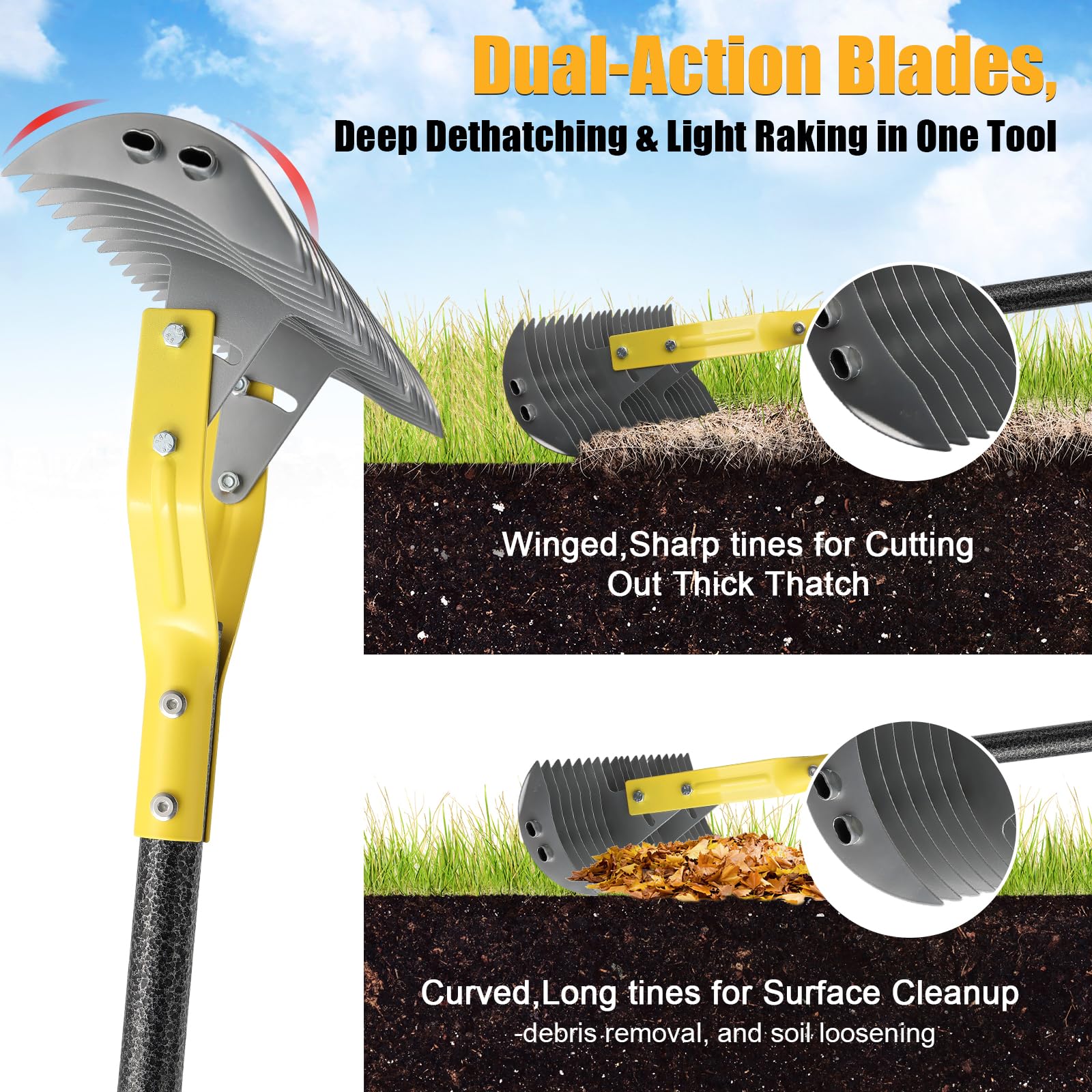 cogardenshower angled head detail demonstrating adjustable position for effective thatch removal and sweeping