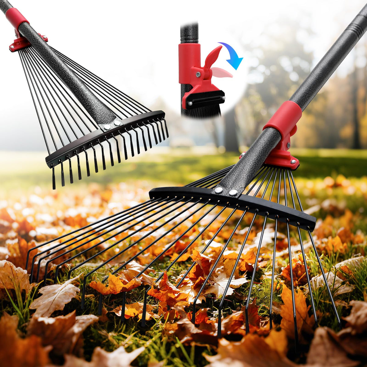 cogardenshower rake front view collapsed, compact for storage