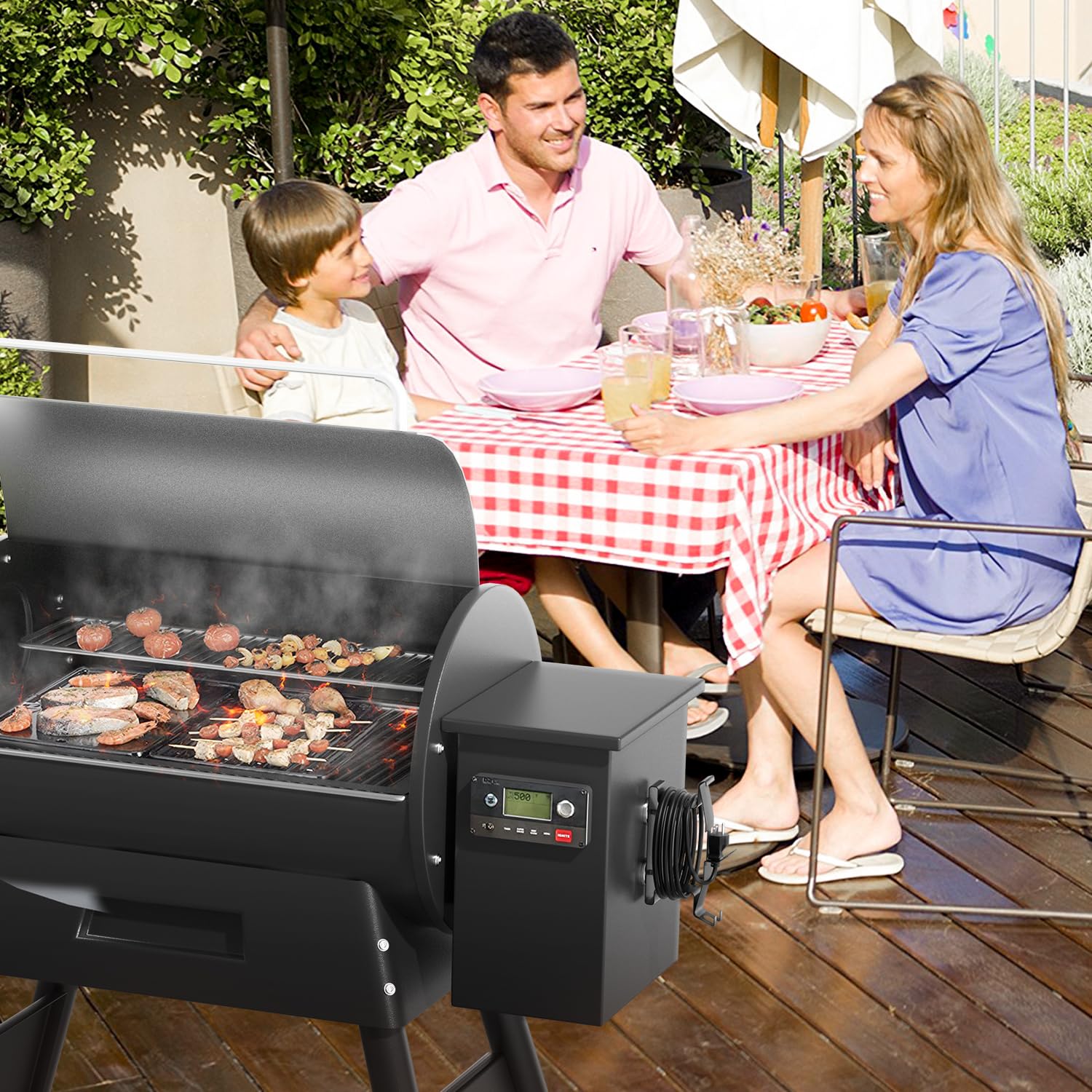Coinicxcel mounted on a pellet grill lid demonstrating secure attachment during use