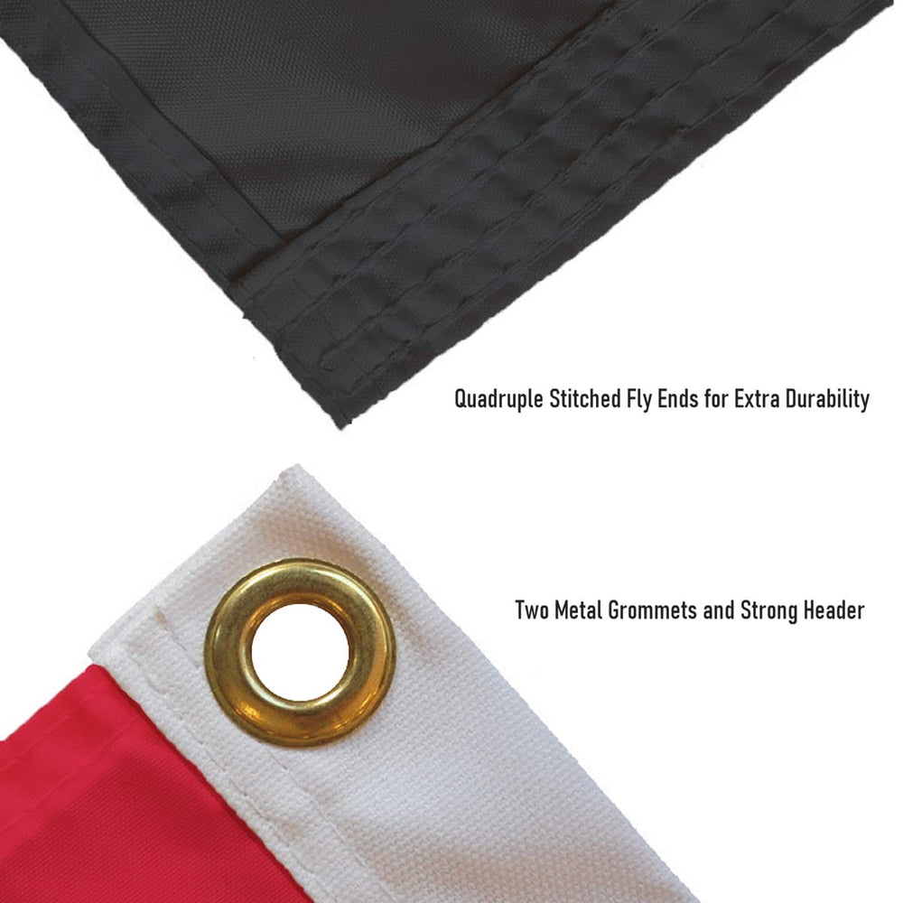 College Flags & Banners Co. flag beside a chair for size comparison, helping buyers visualize dimensions
