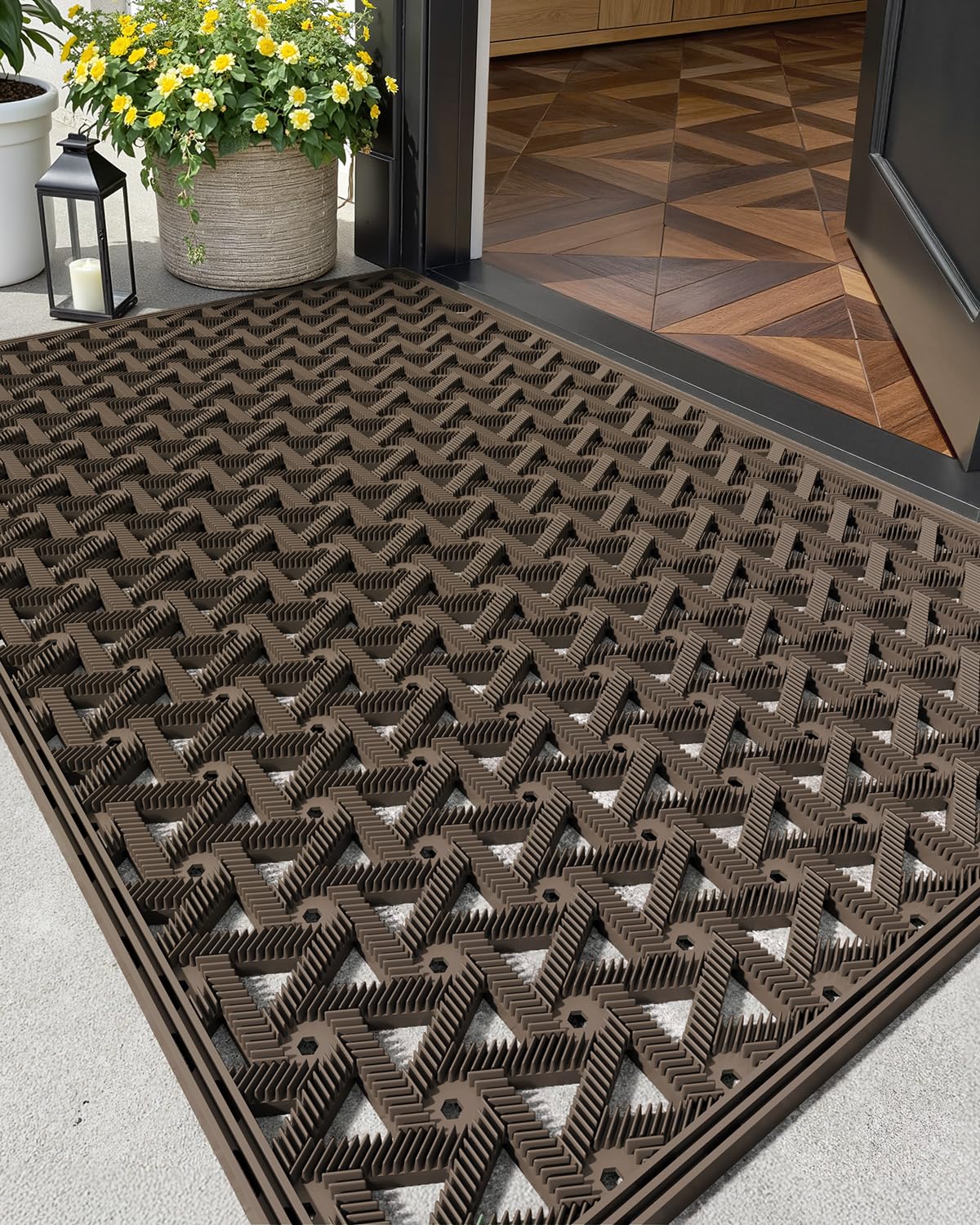 Color&Geometry front packaging showing brown 24x36 welcome mat protecting doorway