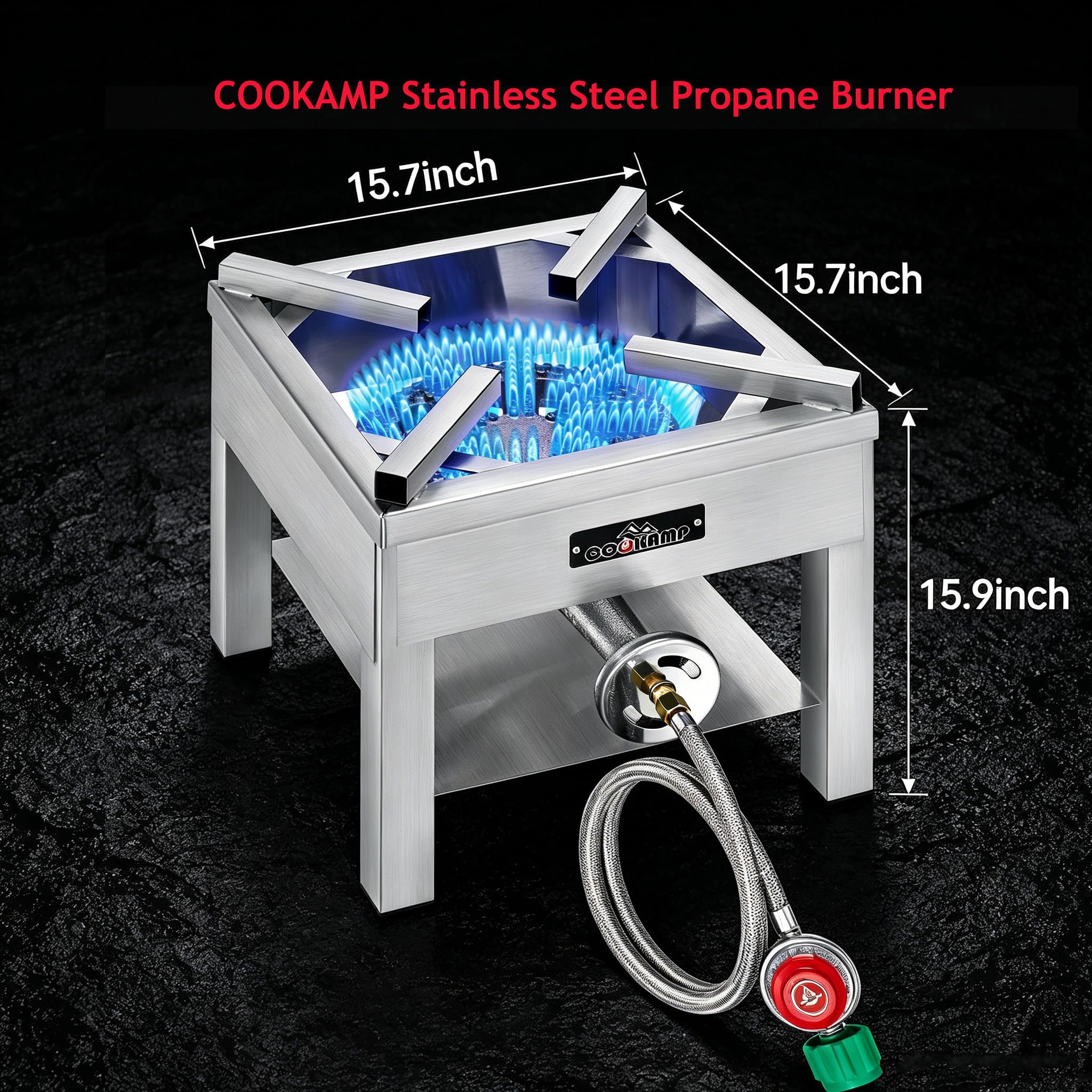 COOKAMP cast iron burner close-up showing durable heat-retaining construction benefit