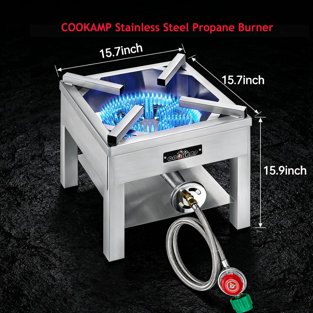 COOKAMP cast iron burner close-up showing durable heat-retaining construction benefit