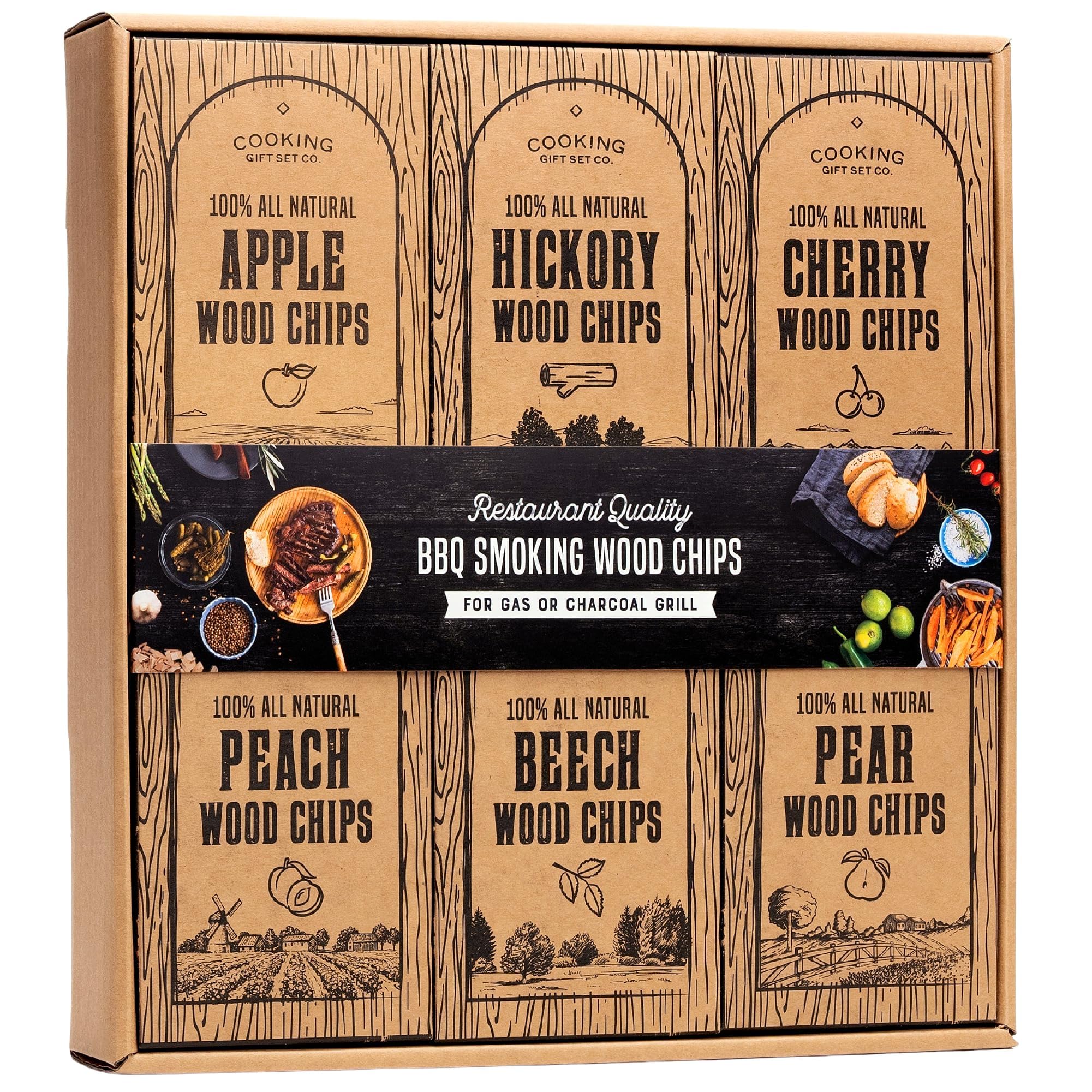 Cooking Gift Set front packaging showing six-flavor wood chip variety and eco-friendly design benefit