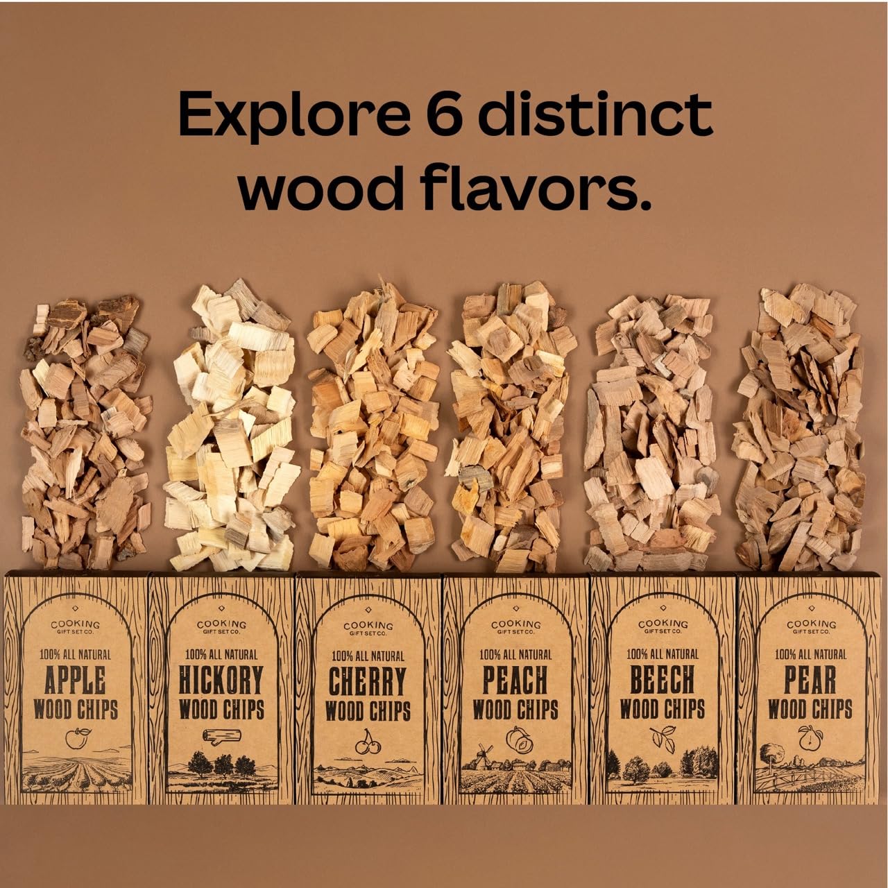Cooking Gift Set pear wood bag label with chips visible, ideal for poultry and mild sweet smoke