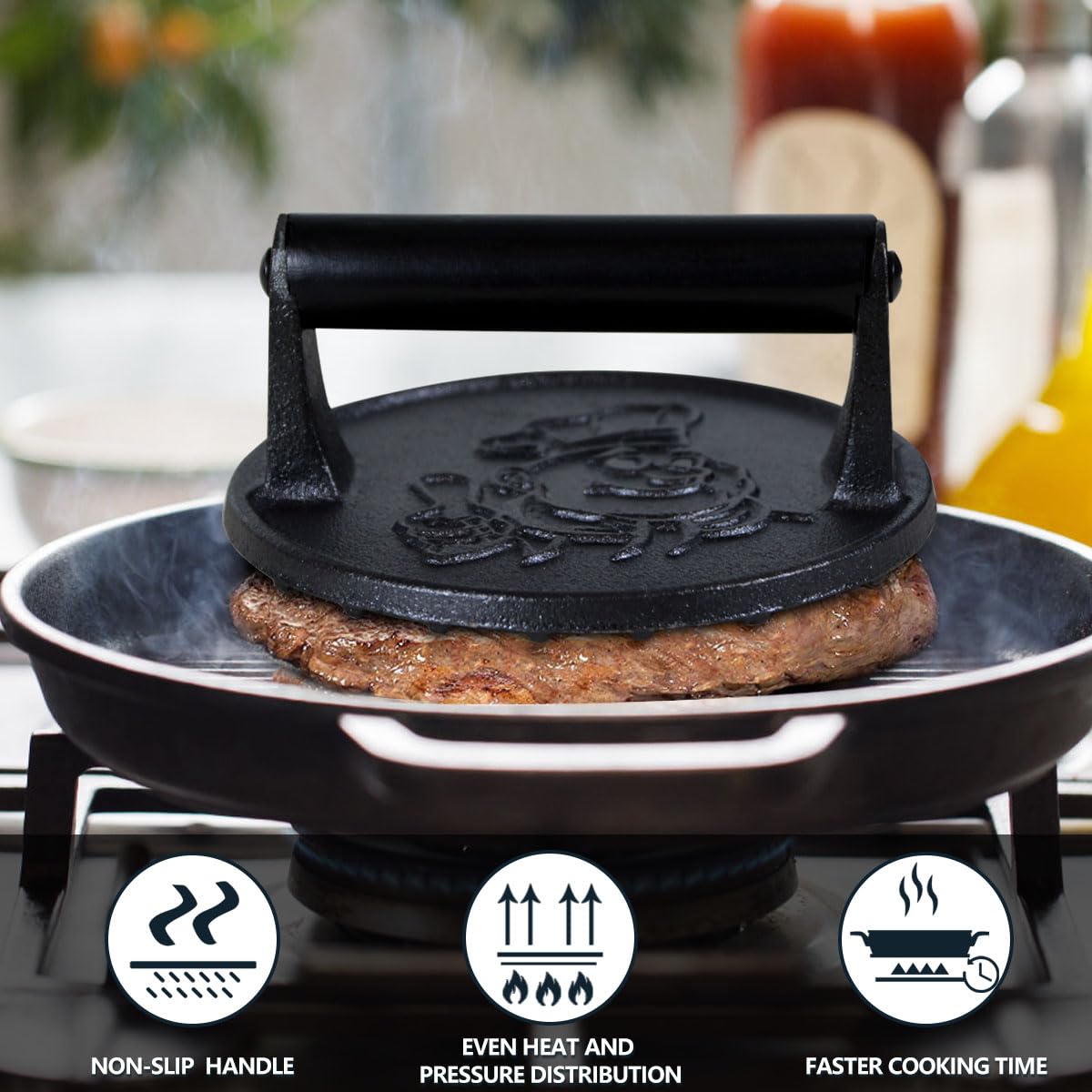 COOKWIN press in use on skillet producing crispy burger edges benefit