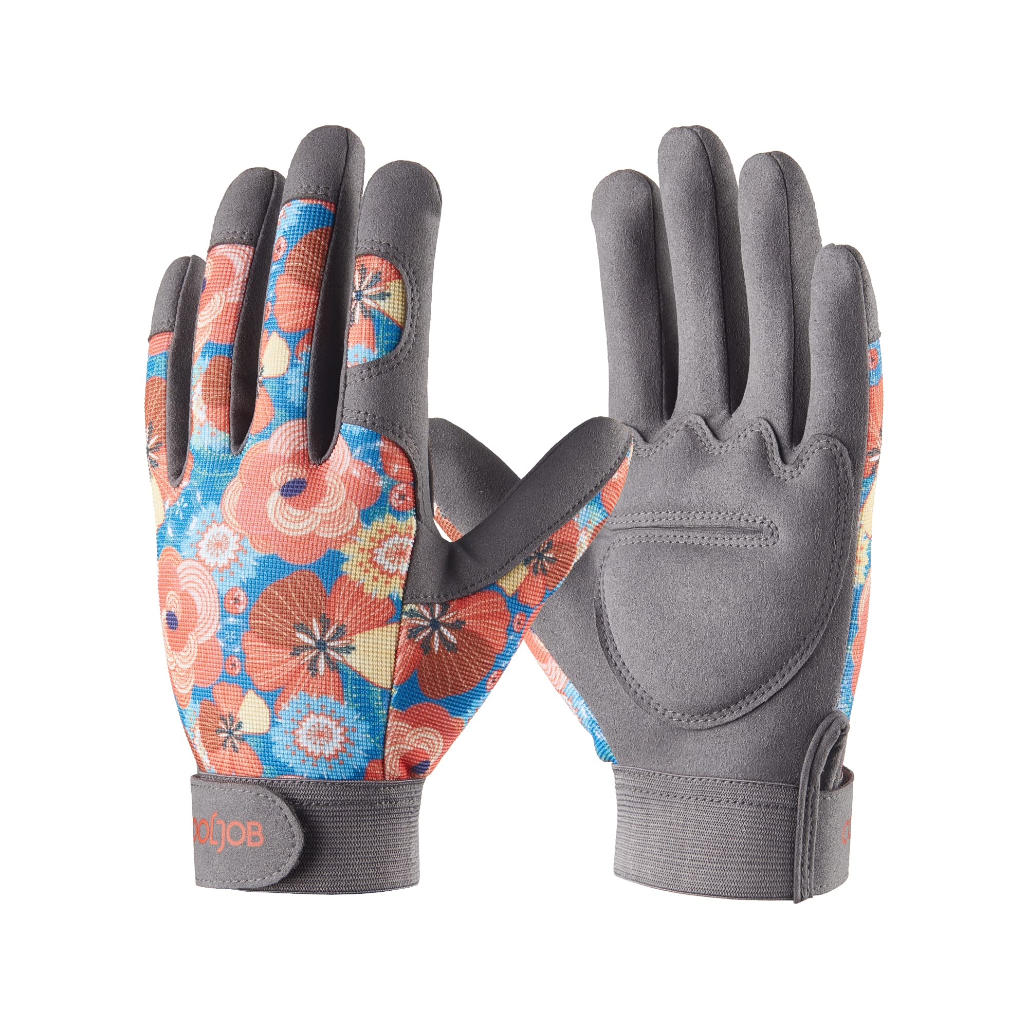 COOLJOB front view of orange gloves showing full design and secure wrist strap benefit